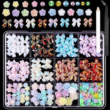 12Grid Aurora Bow Nail Art Charms Flower Nail Charms Mixed Colors Flatback Pearls Nail Rhinestone for Women Manicure DIY Nail Supplies Design Jewelry Decoration
