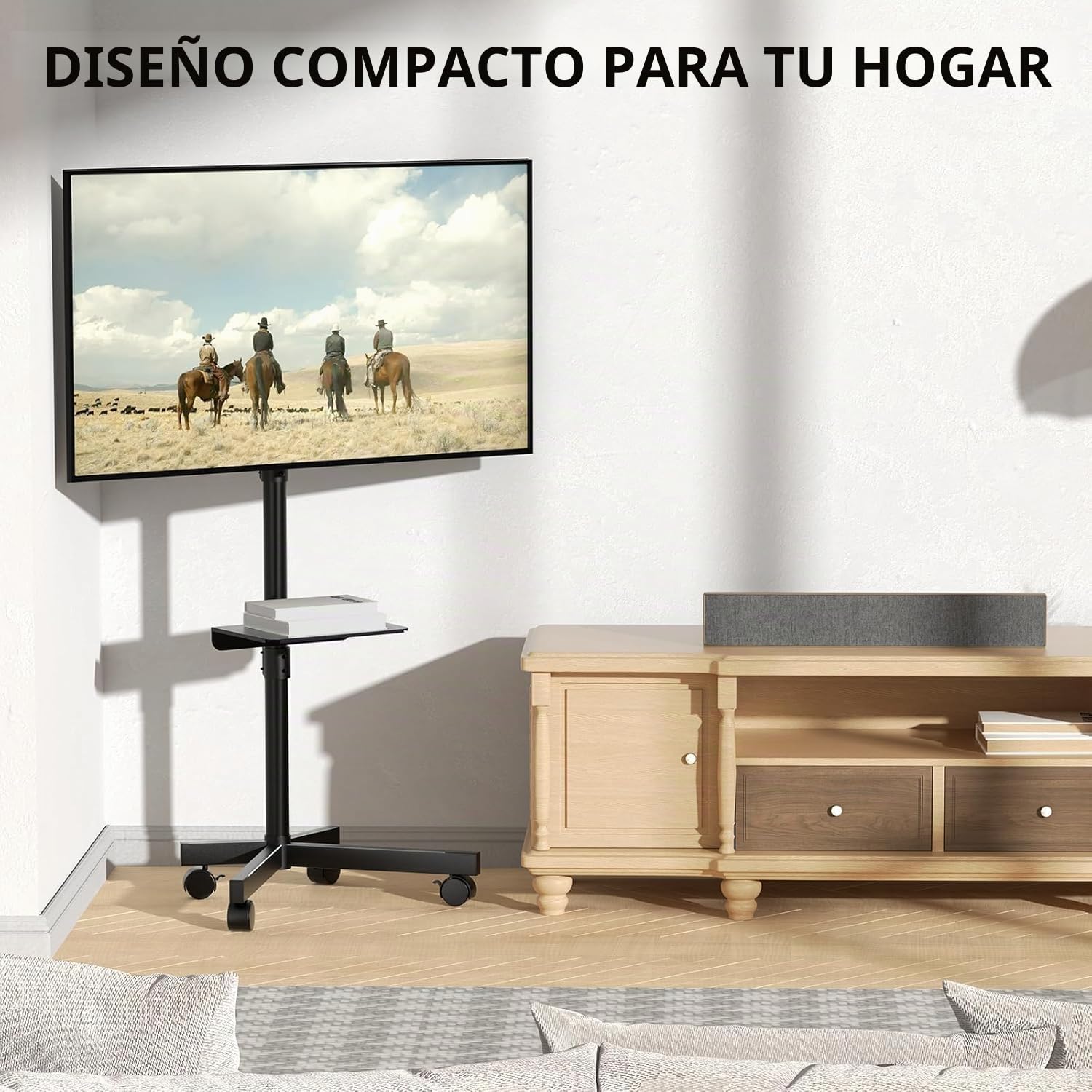 Soporte-TV Ruedas para televisores de 23-60 Pulgadas – Soporte-TV-pie móvil con Altura Ajustable, inclinable, Estante Multimedia y gestión de Cables, VESA hasta 400 x 400 mm, Carga 40 kg, Negro