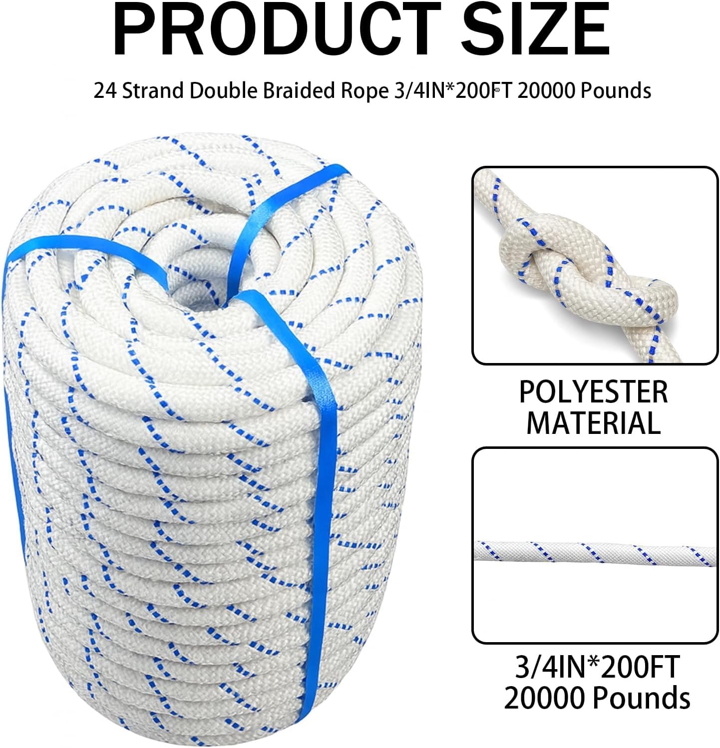 3/4" x 200' High Force Braid Polyester Rope, 24 Strand Bull Rope Up to 20000Lbs Tensile Strength, Heavy Duty Tree Rope, Ideal for Tree Work, Camping and Swings, Blue and White