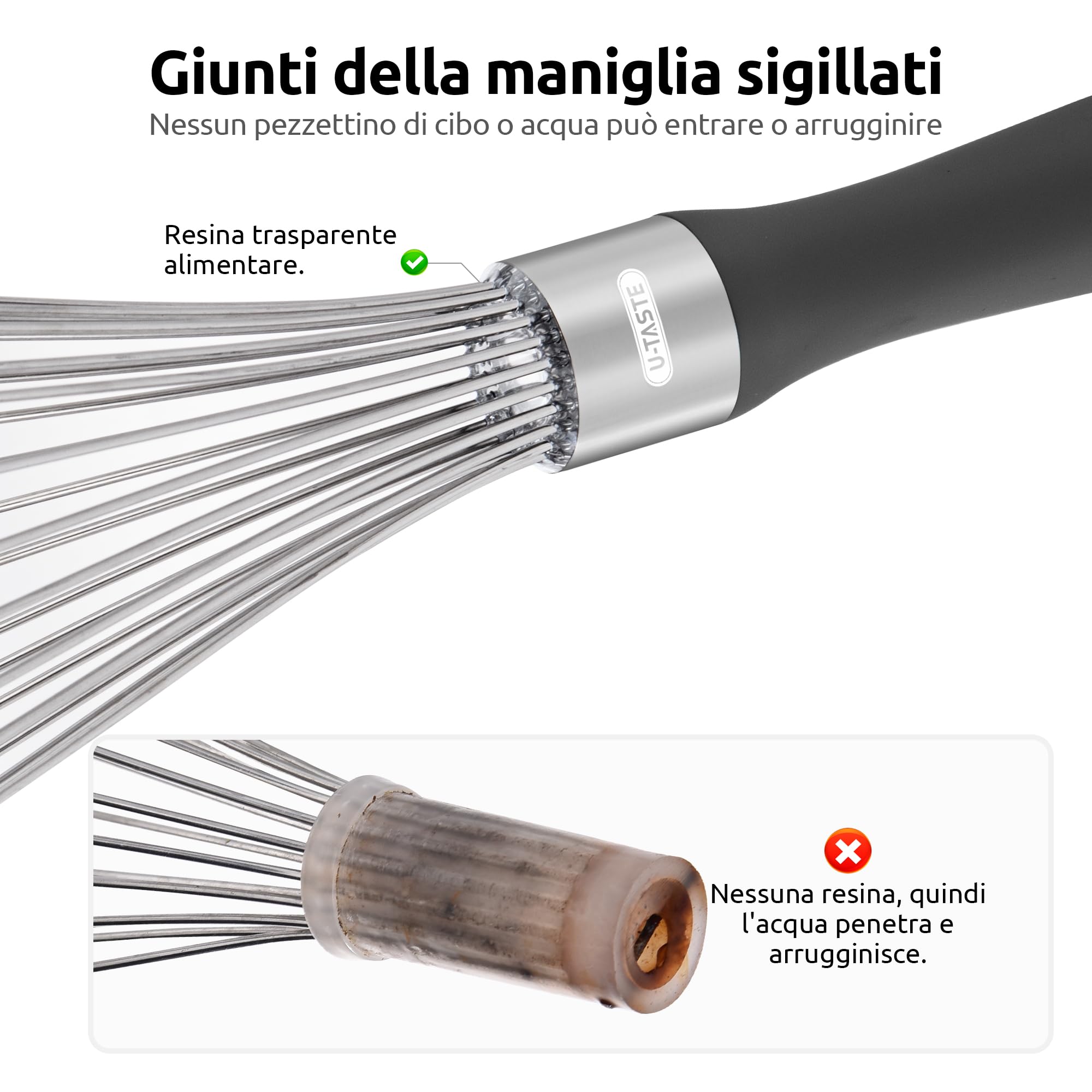 U-Taste Frusta da Cucina: 30 cm Grande Frusta a Palloncino in Acciaio Inox 18/10, con 12 Fili Altamente Flessibili e Manico in Silicone per Battere, Mescolare Impasti e Creme (Nero)