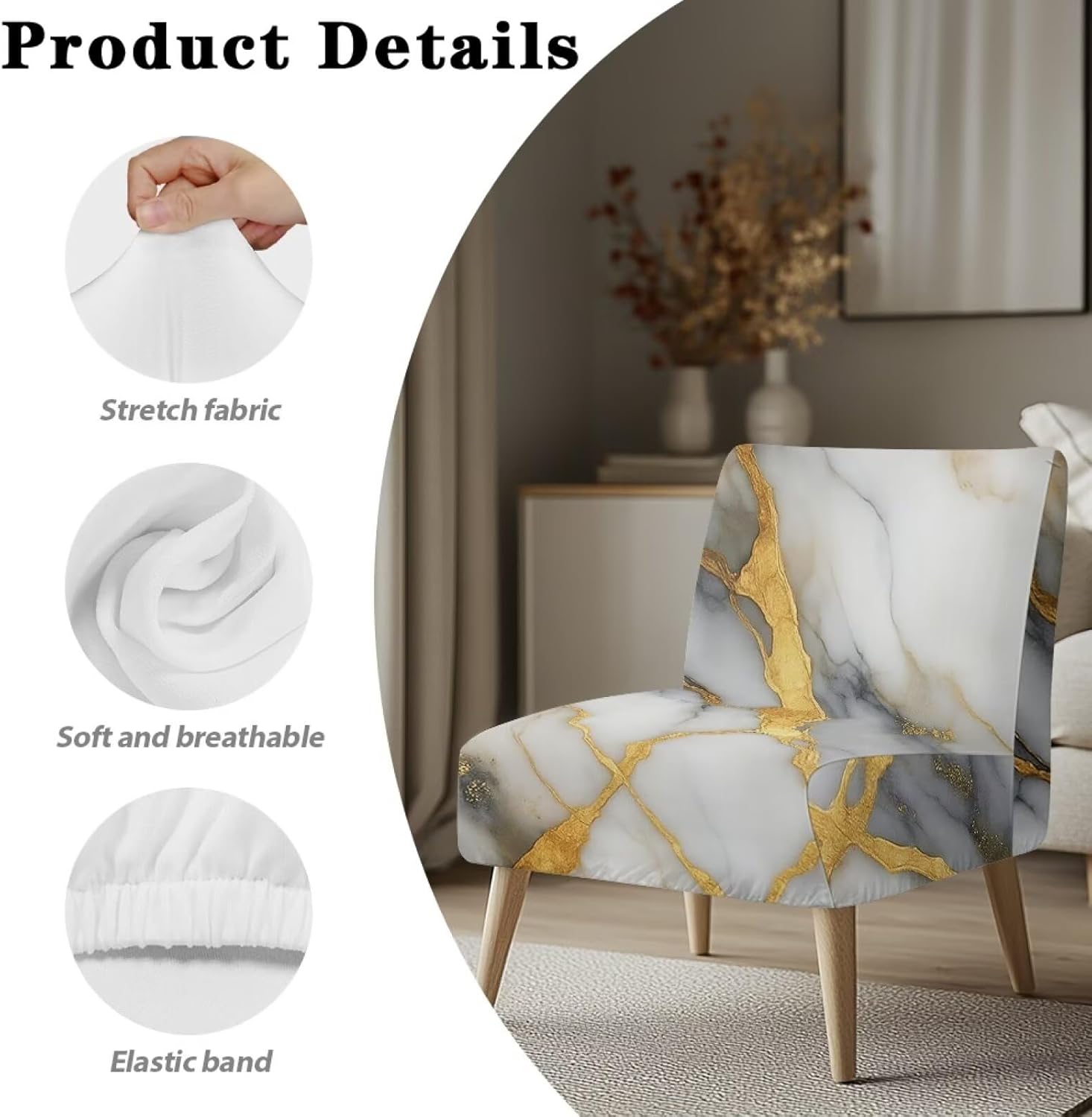 Kuiaobaty Gray Gold Marble Armless Accent Slipper Chair Cover Soft Armless Chair Cover Removable Stretchy Accent Sofa Slipcover Without Arms for Home Office Hotle Fesitival Decor