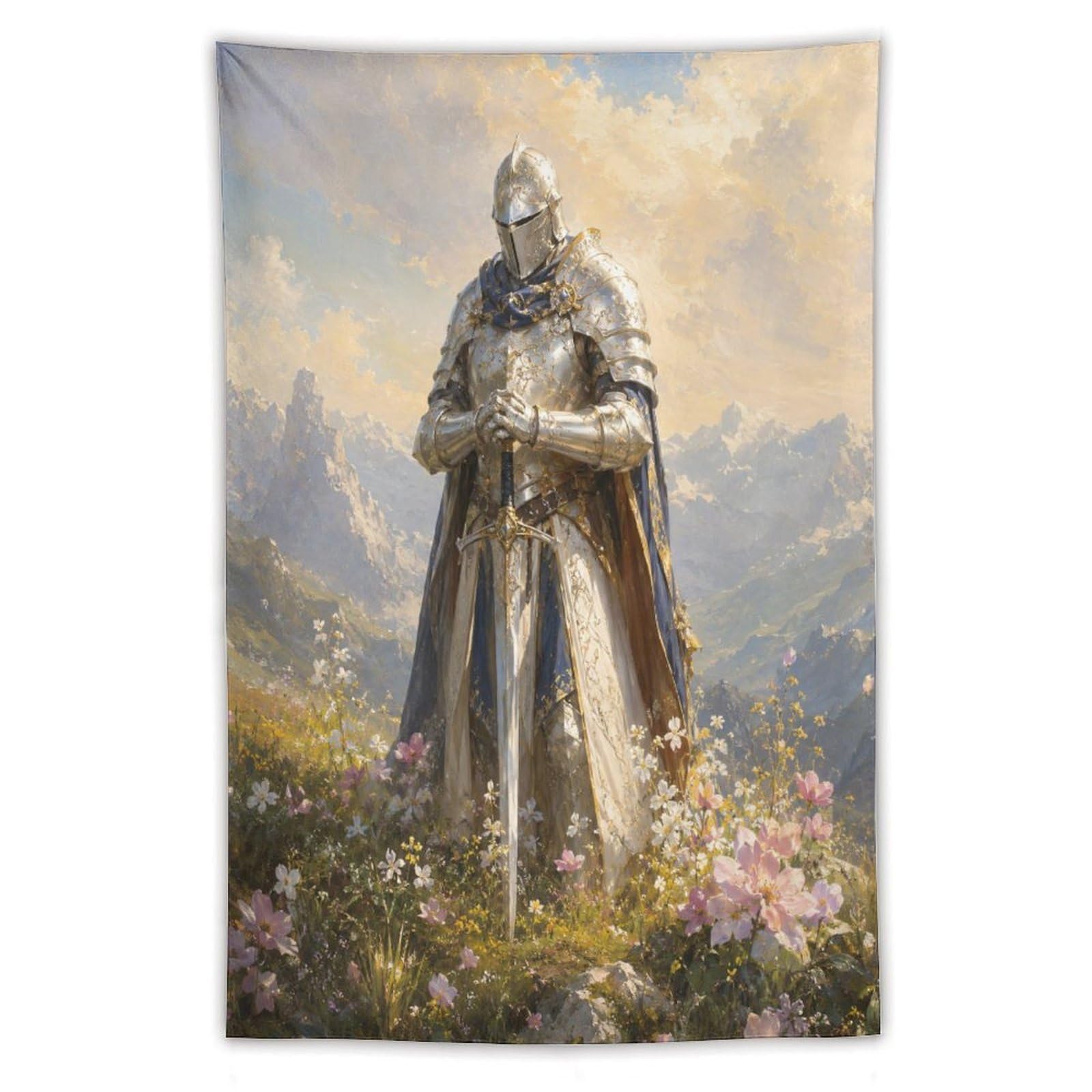W7C8U2X3 Medieval Knight Floral Mountain Wall Tapestry, Backdrop