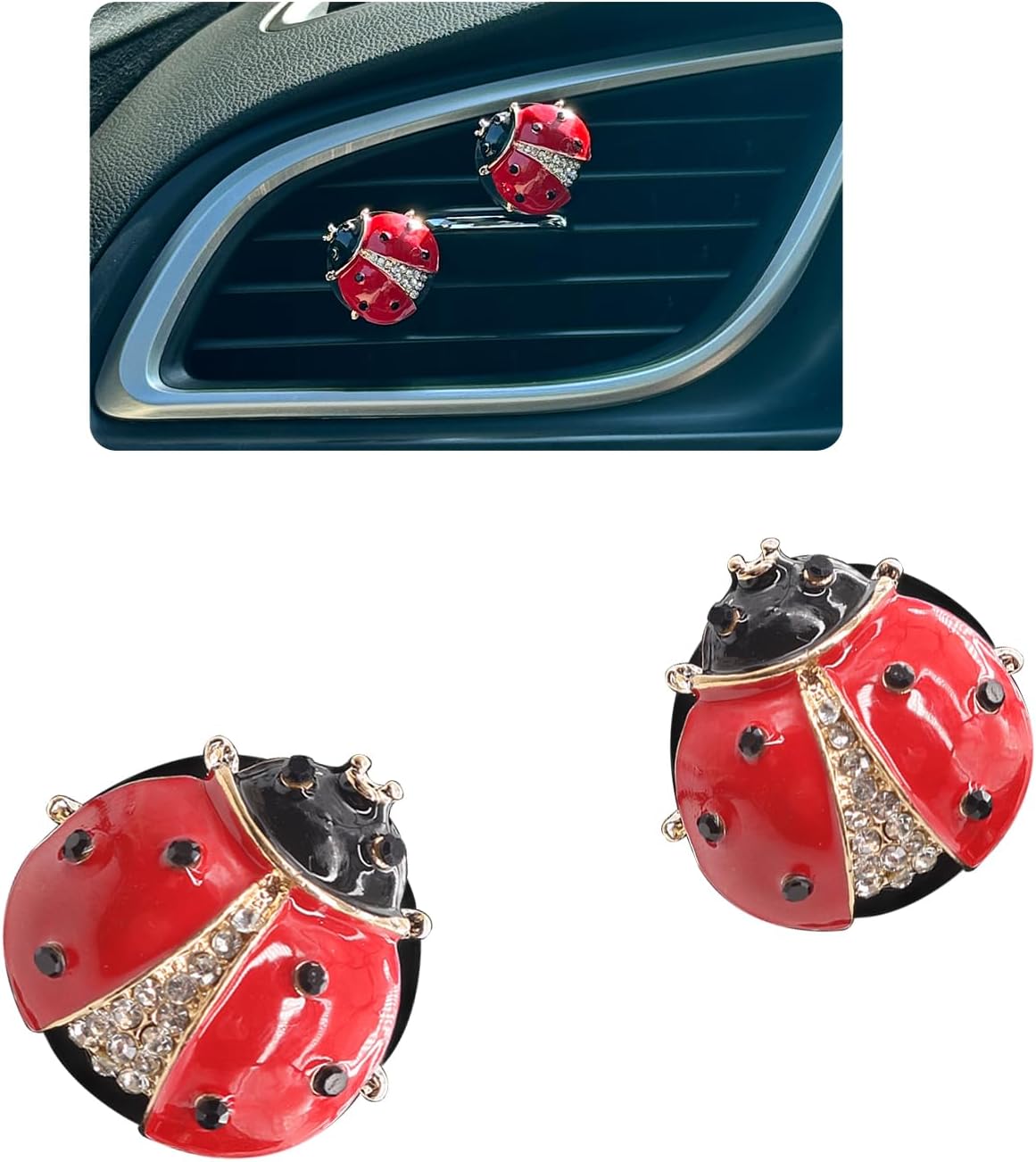 ORIESSE Ladybug Car Decor,2pcs Bling Lady Bug Air Vent Clips Car Air Freshener,Cute Red Car Accessories Gift for Women,Refillable Rhinestone Aroma Diffuser