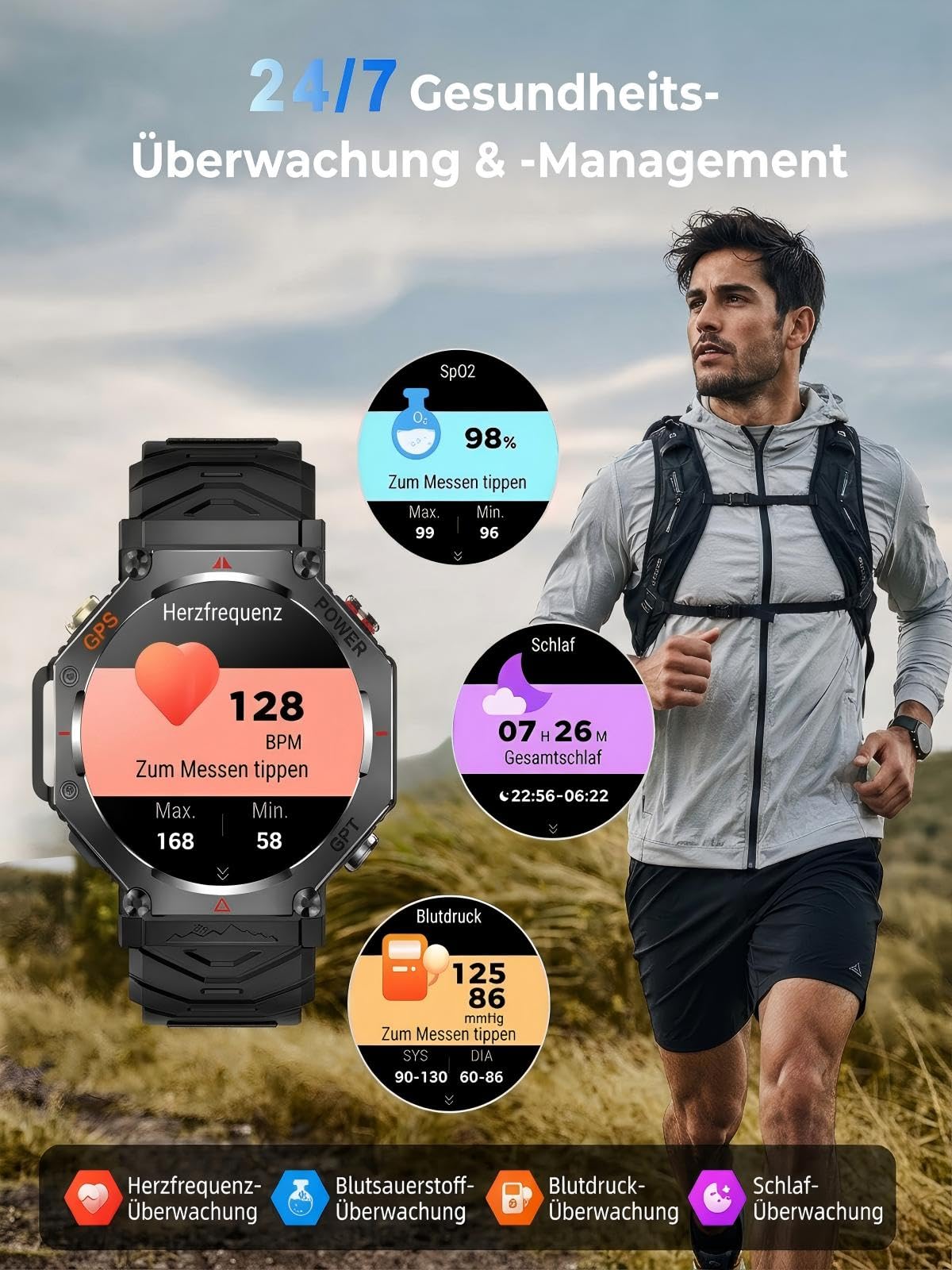 Smartwatch GPS da uomo, orologio sportivo militare 2026 | Orologio fitness da 3,5 cm, per Android e iOS, impermeabile fino a 3 ATM, con funzione telefonica, frequenza cardiaca, sonno