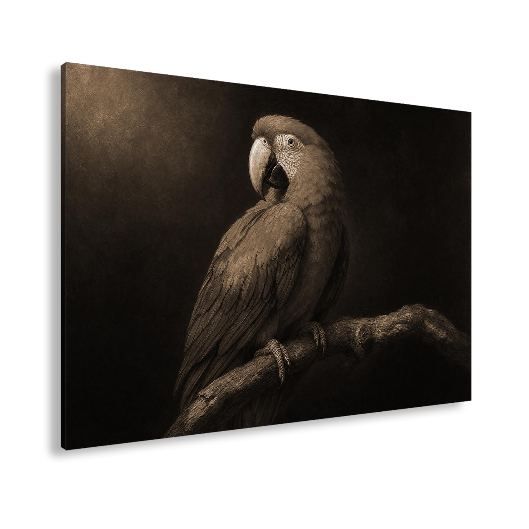 deyoli Obraz na płótnie Kolorowa papuga siedząca na gałęzi 90 x 60 cm Sepia | Format poziomy, jednoczęściowy druk artystyczny XXL, obraz na blejtramie, obraz na płótnie, obraz ścienny, dekoracja salonu