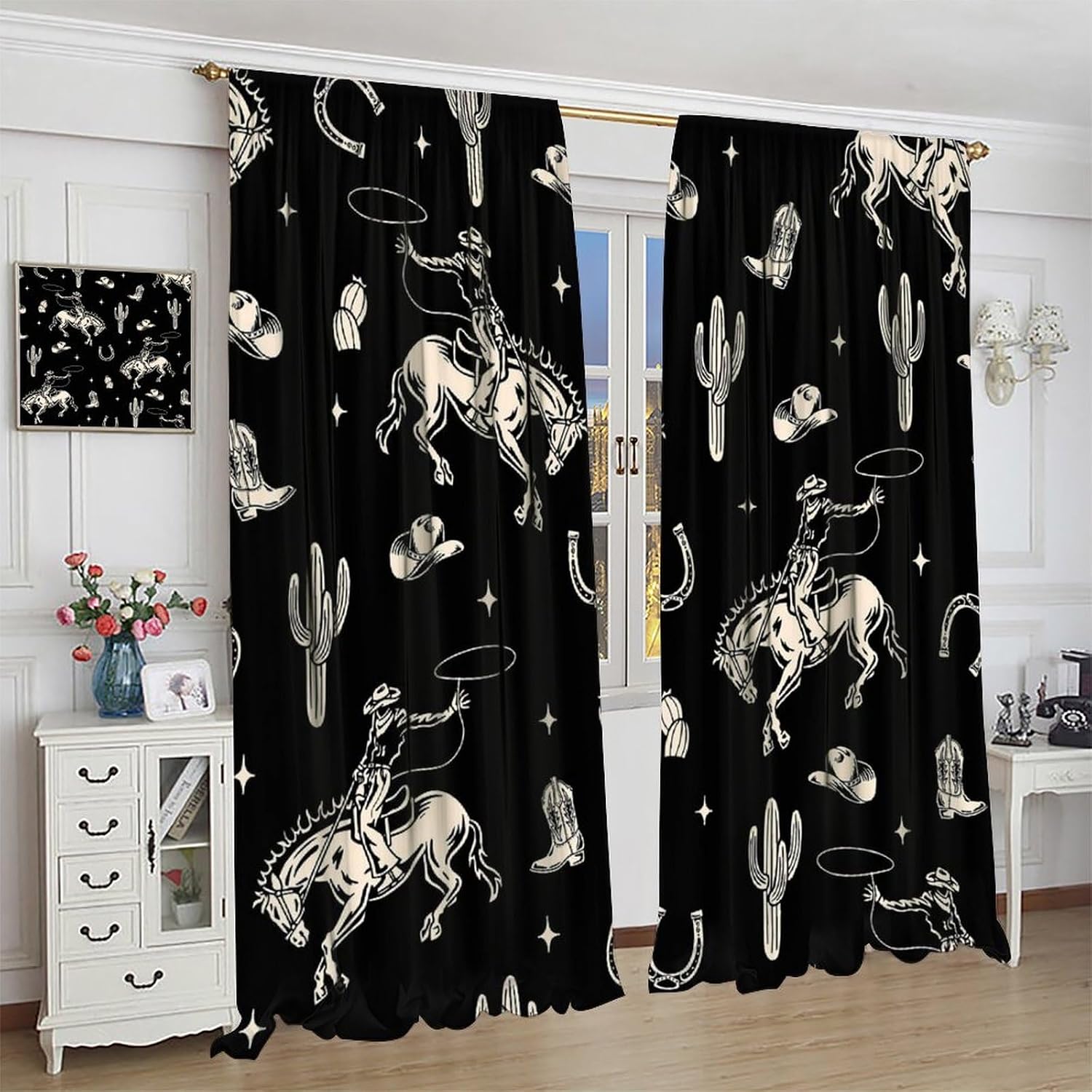 Vintage Western Cowboy Curtains, Wild West Cowboy Horseback Riding and Desert Cactus Art Theme, Bedroom Living Room Blackout Curtains42X54 Inch