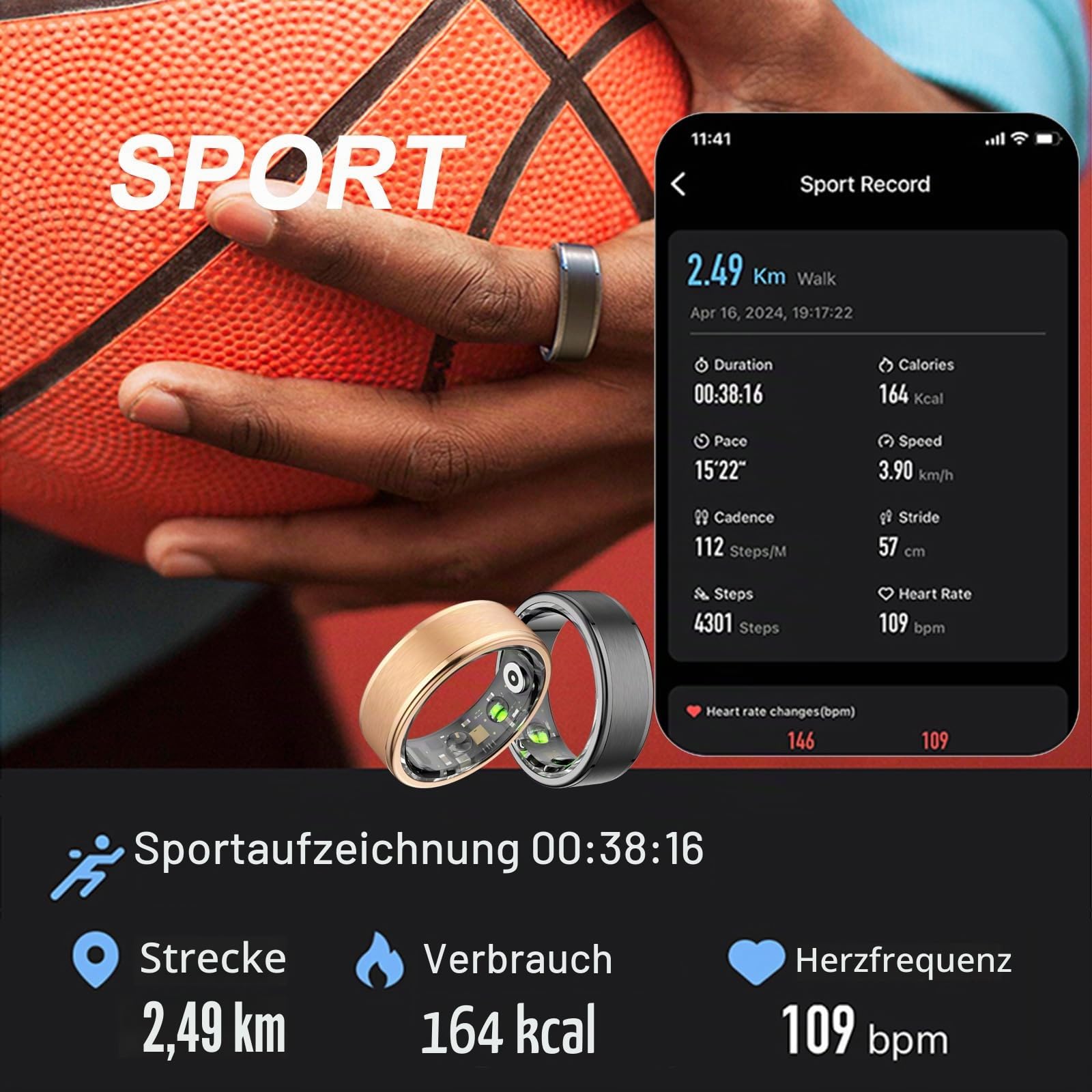 findtime Smart Ring Schrittzähler Smartring Pulsmesser Fitness Ring Kalorienzähler Smartringe für Herren Damen Herzfrequenz Fitness Tracker Ring Android iOS Schlaftracker Sport Ringe Gold Schwarz