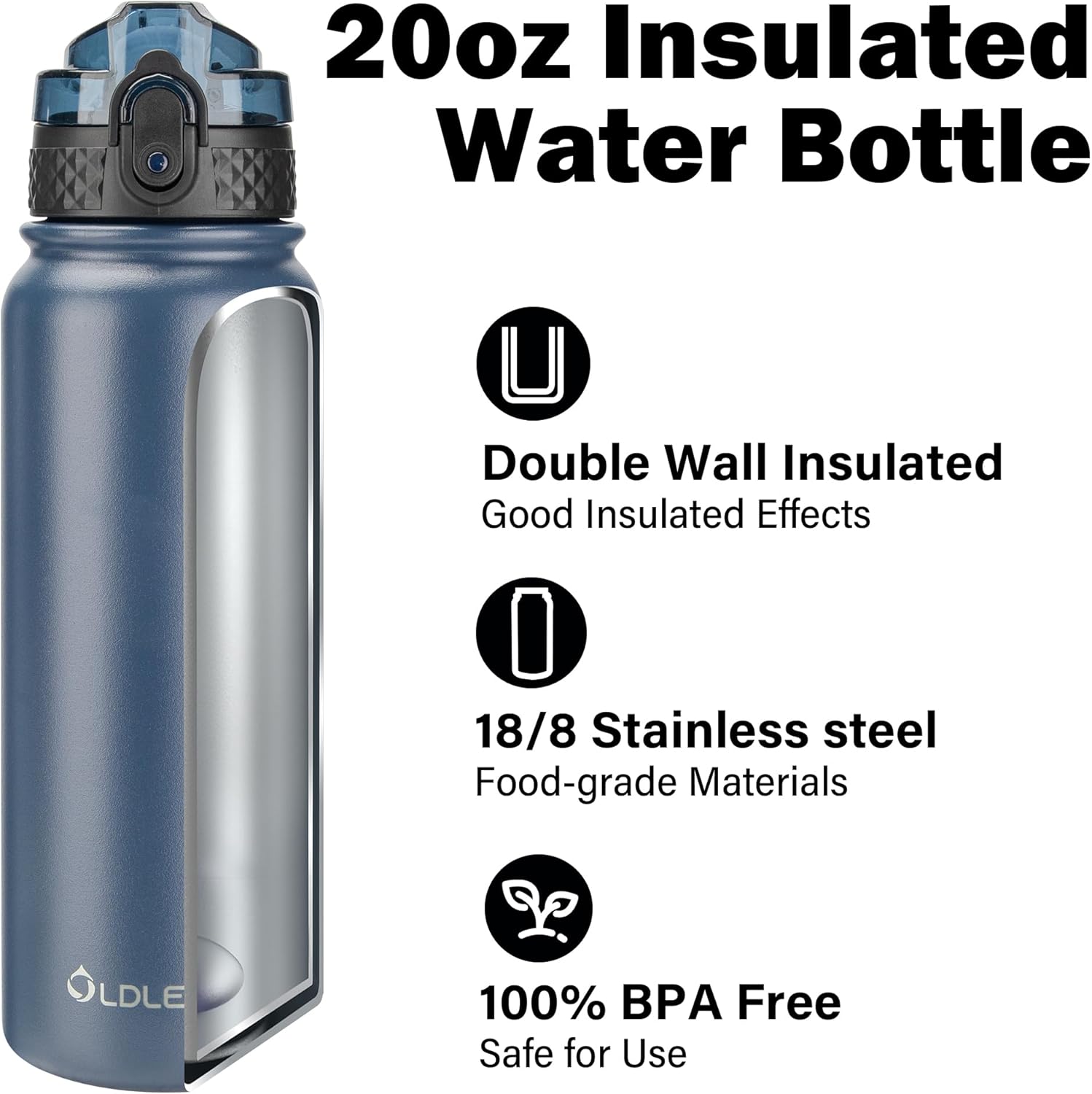 Oldley Insulated Water Bottle 20oz Water Bottles with Straw, Stainless Steel Water Bottle with 3 Lids, Double Wall Vacuum Bottels for Adults Kids,Leak-Proof Sport Bottles for School Travel, Navy Blue - Image 4