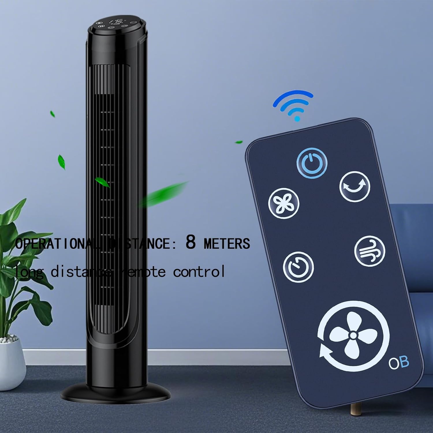 Remote control next to a tower fan, indicating an operational distance of 8 meters.