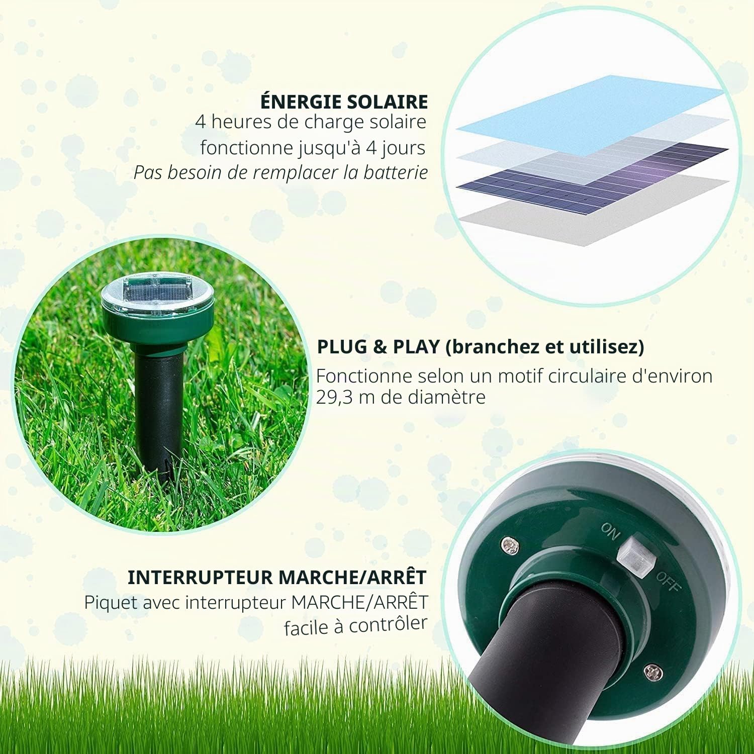 Lot de 4 répulsifs solaires à ultrasons pour Taupes et Taupes - Étanches - Répulsif pour Animaux - Marmotte - Serpent - pour pelouse et Jardin