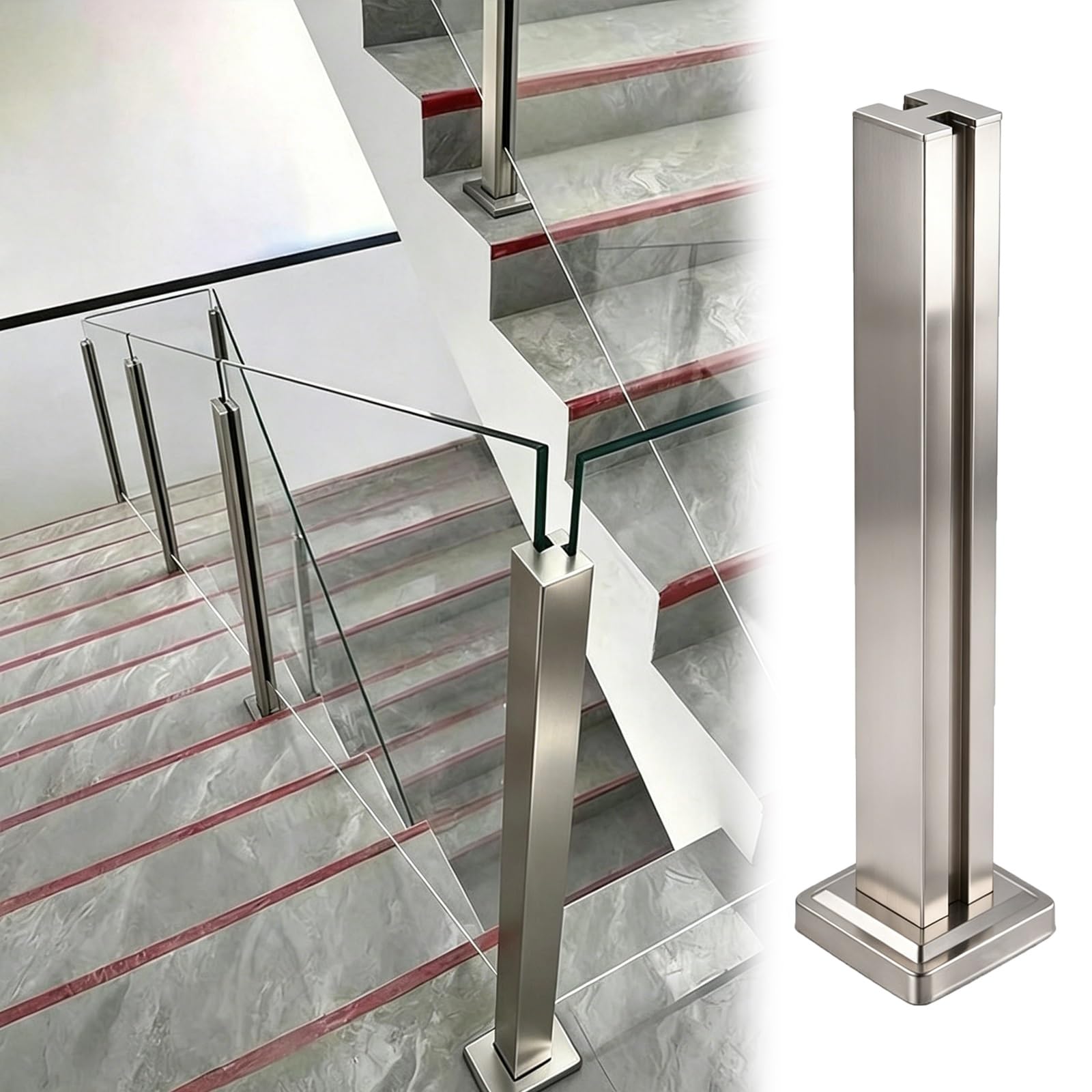 ZJKXJH Indoor Outdoor Glass Railing Post for Stairs, Frameless Panel Baluster Post for Patios/Balconies/Rooftop Terraces, No Drill In Glass(Middle Post-Silver,H-43.3"/110cm)