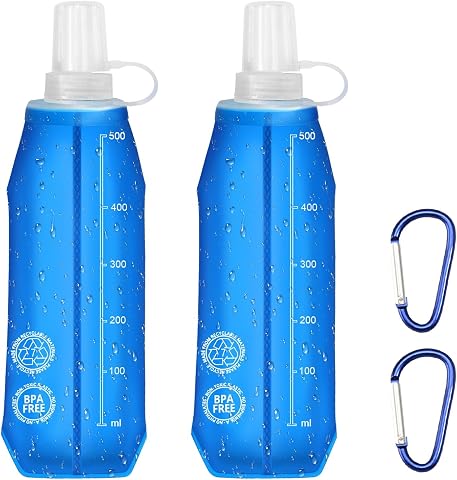 Botellas de agua plegables de TPU, 2 unidades, 500 ml, botella de agua suave con mosquetón, sin BPA, botella deportiva para mochila de hidratación, botella para correr, senderismo, correr