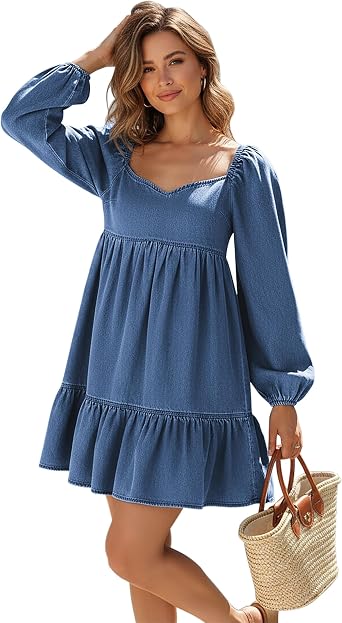 POTILI Denim Dress for Women Long Sleeve Jean Mini Dresses Fashion Fall | Sweetheart Neck, Babydoll, A Line, Comfort, Cute, Casual, Western, Country Concert, Summer, Spring, 2026