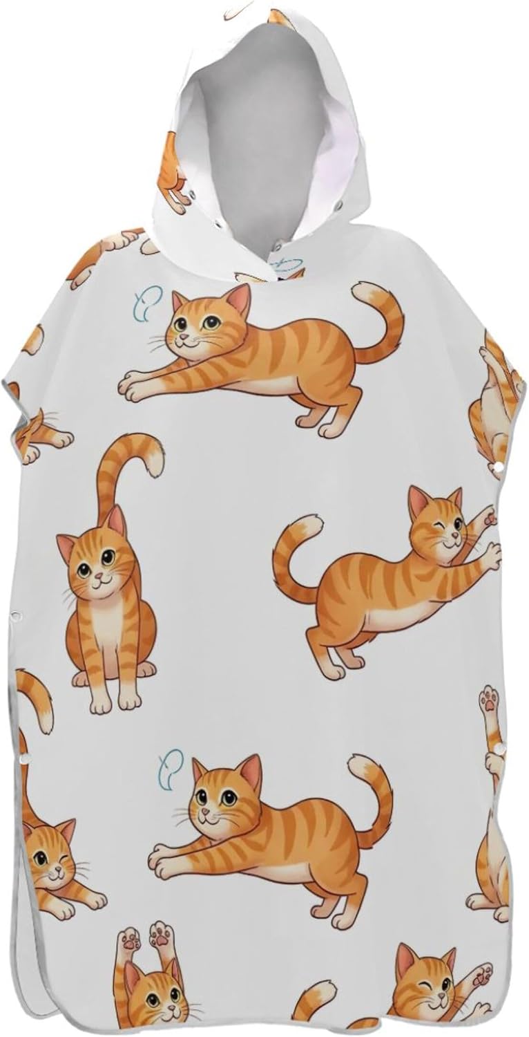 Cute Orange Cats White Surf Poncho Changing Robe for Adults Beach Hoodie Towel Swimming Wearable Womens Ponchos with Hood