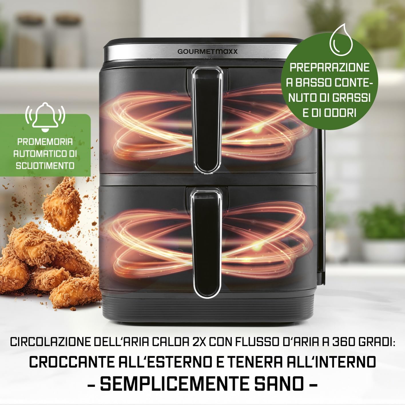 GOURMETmaxx FryUp Friggitrice verticale ad aria calda a doppia camera | Friggitrice 10 litri | 4 piatti su 4 livelli | Display touch richiudibile | 32% in più di risparmio di spazio | Calda 2 camere