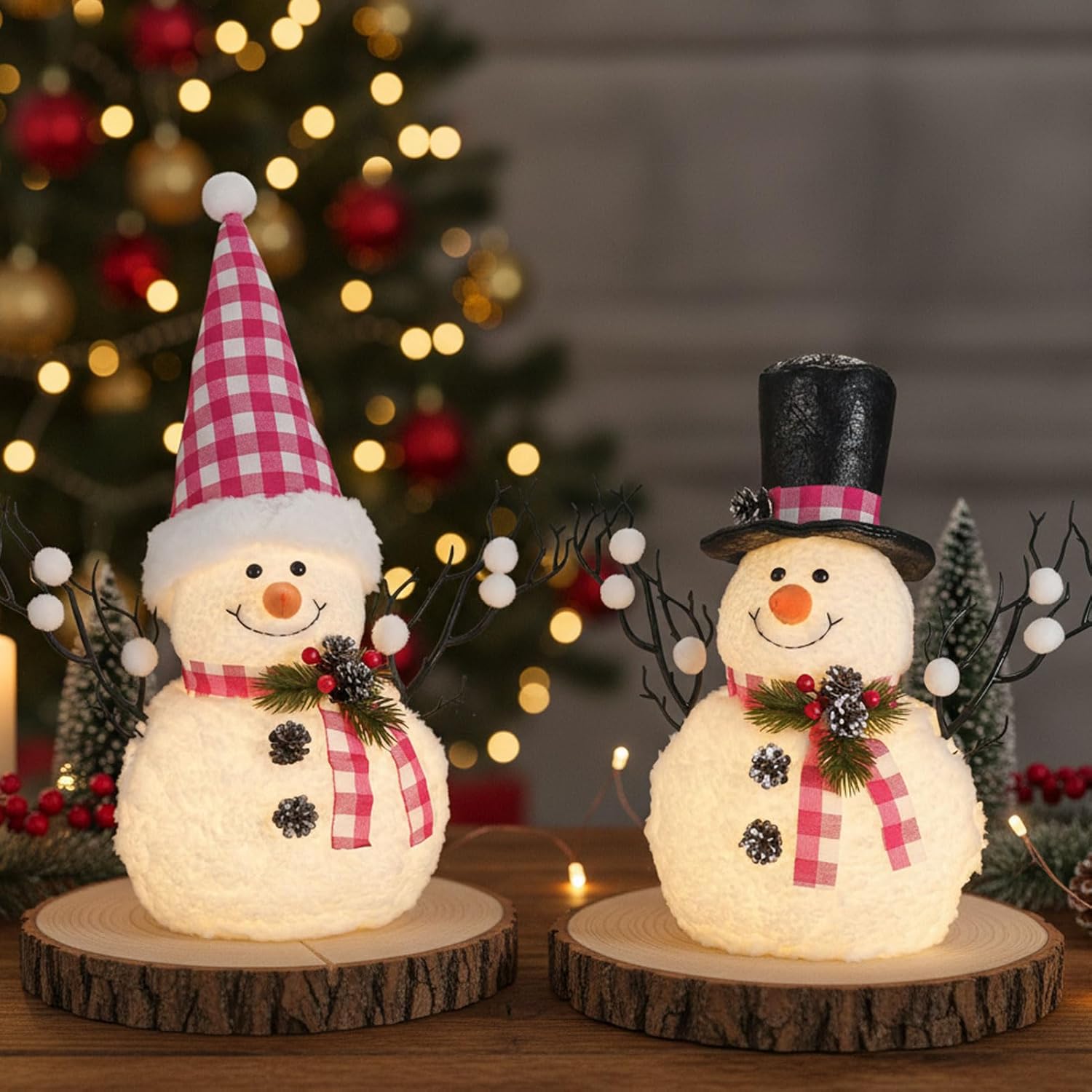 2 Pack Red and White Christmas Table Decor, 14" Lighted Plush Christmas Snowman Decorations, Light Up Snowman Holiday Present, Table Mantel Desk Fireplace Shelf Home Minimalist Decor