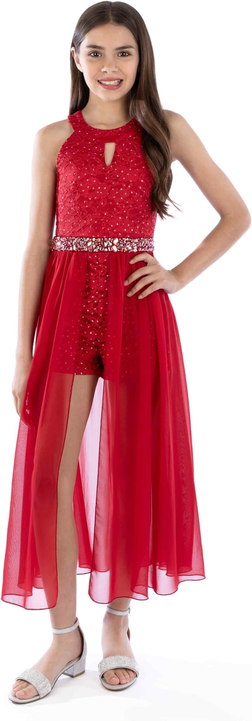 Girls' High Neck Romper Maxi Walk-Through Party Dress