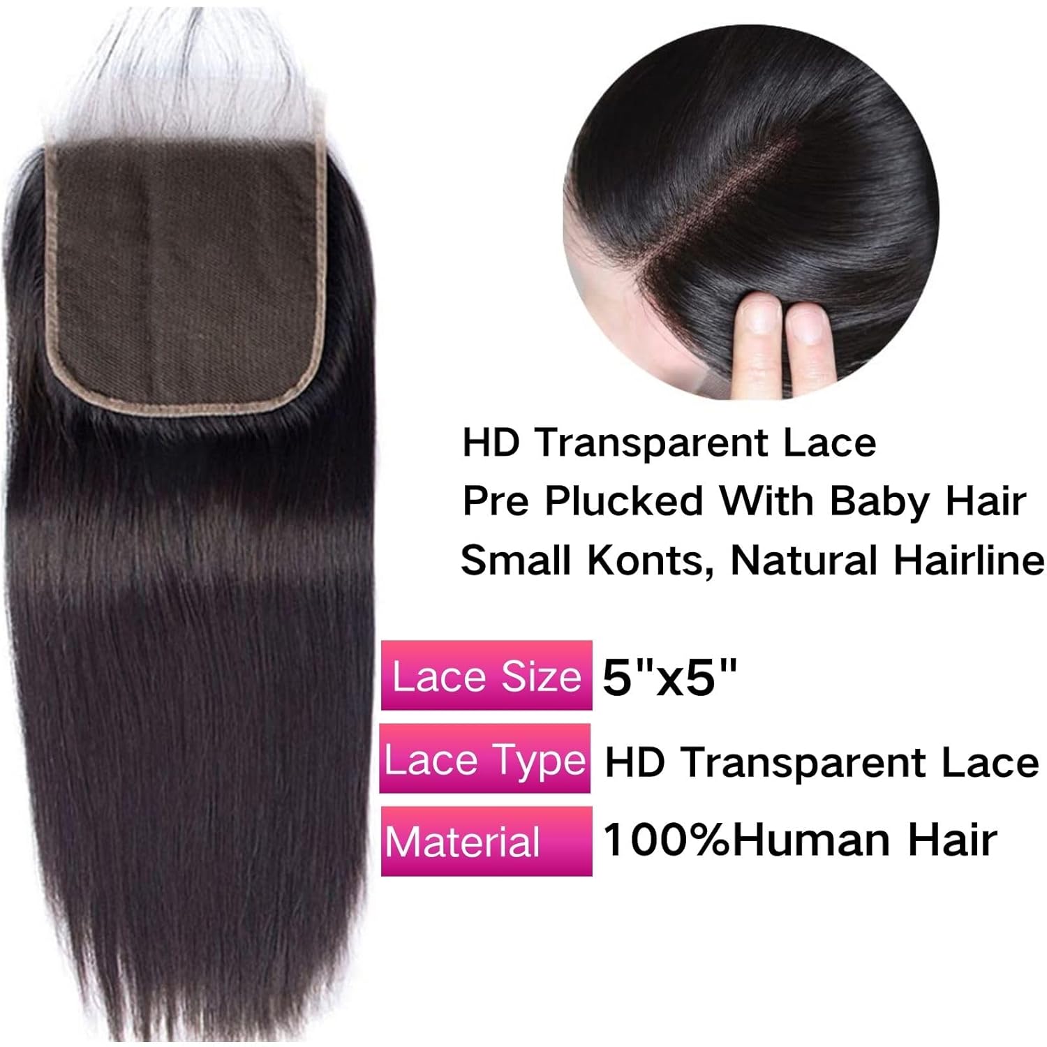 5x5 Hd Lace Closure Human Hair For Black Women Straight Closure Pre Plucked 12A Virgin Remy Human Hair Extensions 5x5 Lace Frontal Hd Closure Natural Black 20 Inch