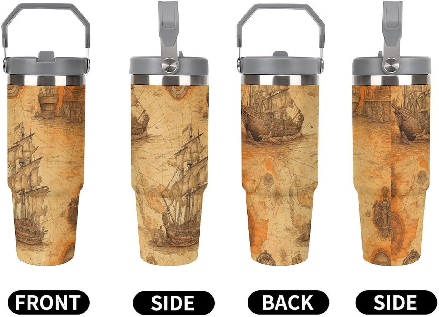 30oz Insulated Tumblers with Top Handle, Stainless Steel Ship And Compass Car Cup with Straw for Gift, Leak-Proof Double Wall Vacuum Travel Mug, Personalized Water Bottles White