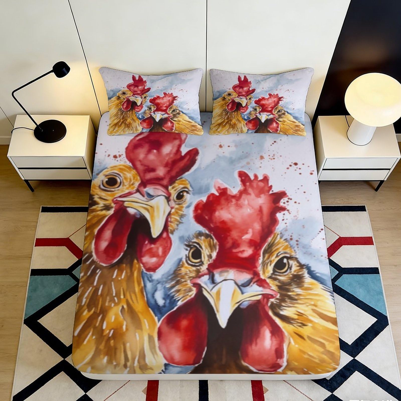 3D Printed Chicken Farm Fitted Sheet Microfiber Soft Breathable Rooster Art Mattress Cover for Bedroom Dorm Decor 90x200x25cm