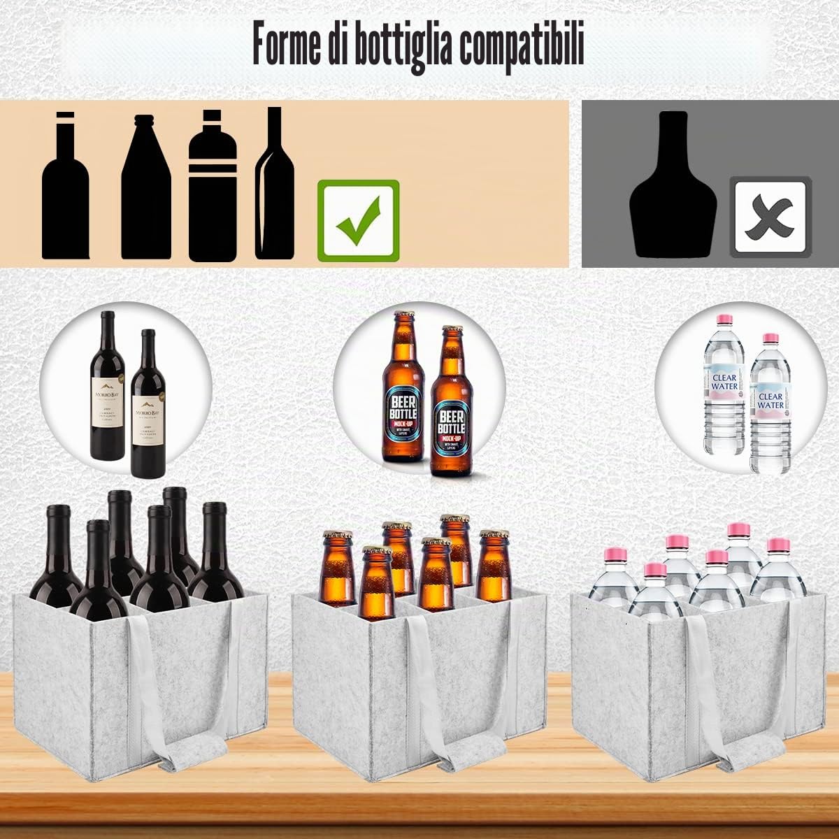 Borsa Portabottiglie Acqua, Porta Bottiglie in Feltro Resistente con 6 Scomparti, Buste Porta Bottiglie d'Acqua, Borse Portabottiglia per Vino per Campeggio 1,5 L di Birra(Grigio), 29*18*18cm