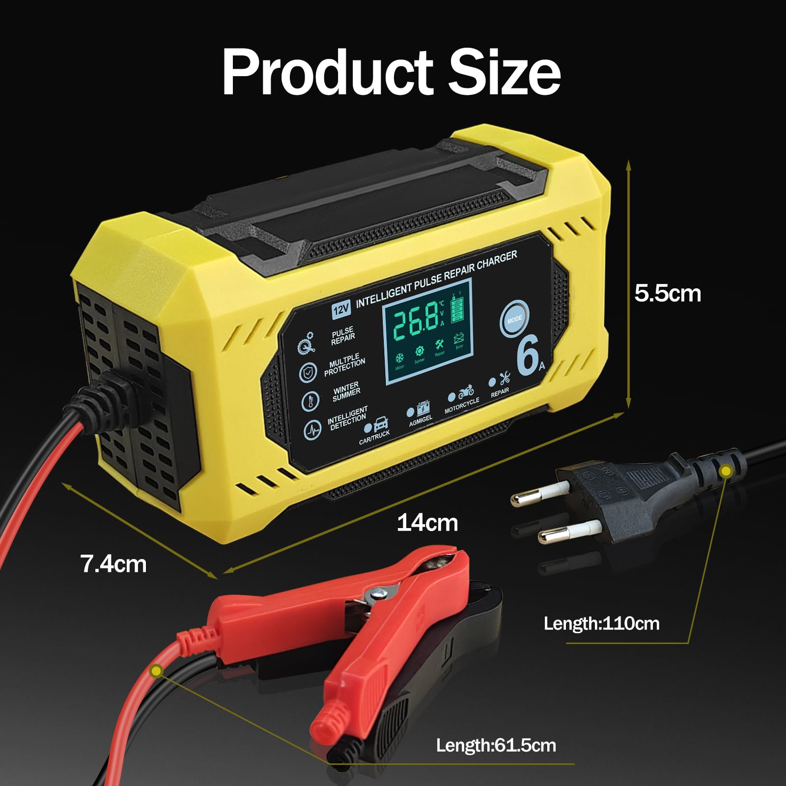 Caricabatterie per Auto, YOYOPOW Carica Batteria Manutentore per Auto e Moto 6A/12V Caricatore Portatile con Intelligente Schermo LCD per Caricare e Riparare Batterie al Piombo-Acido