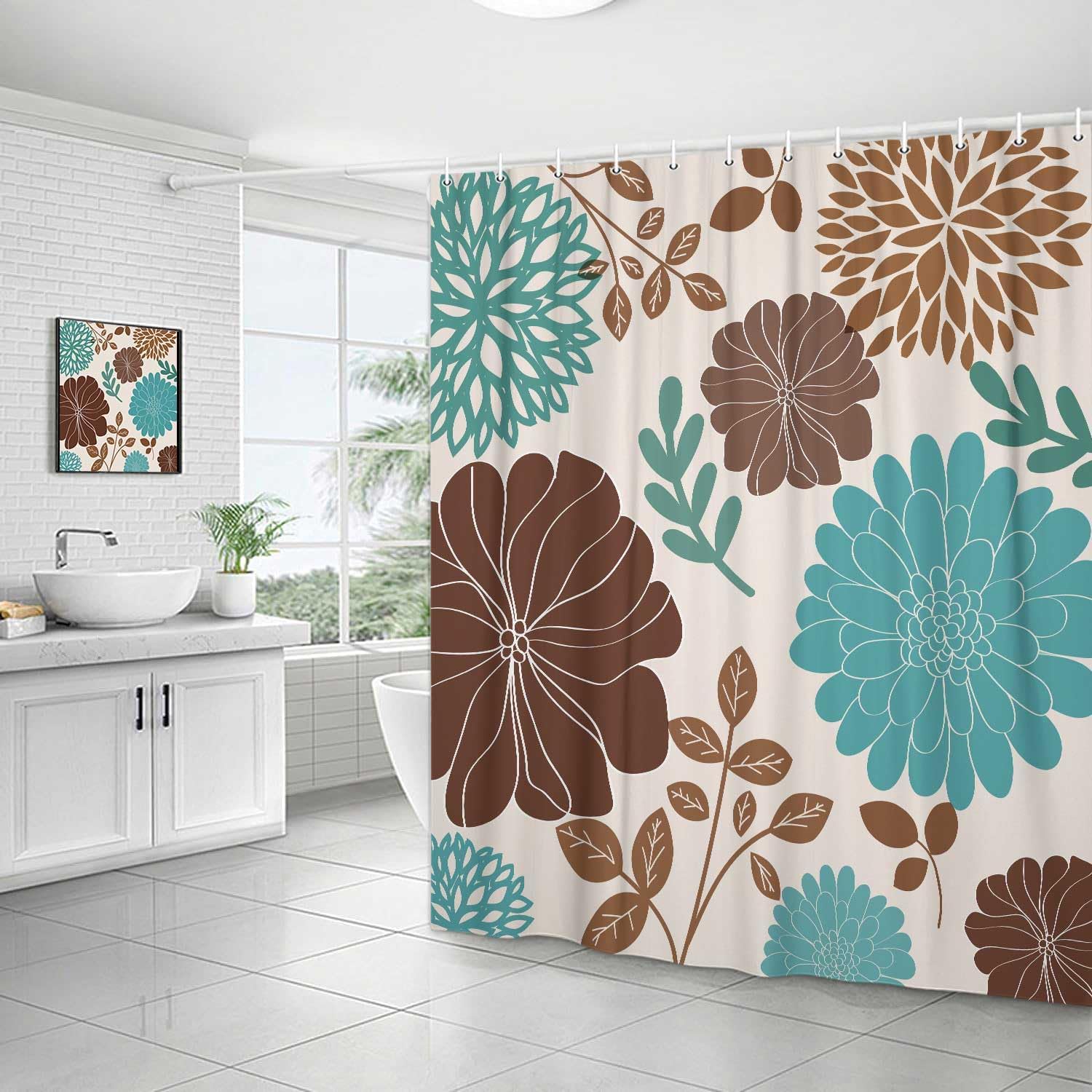 Boho Teal and Brown Floral Shower Curtain, Turquoise and Tan Flower Shower Curtain for Bathroom, Aqua Blue Bohemia Art Aesthetics Bathroom Decor Shower Curtain Set with 12 Hooks, 70X75IN