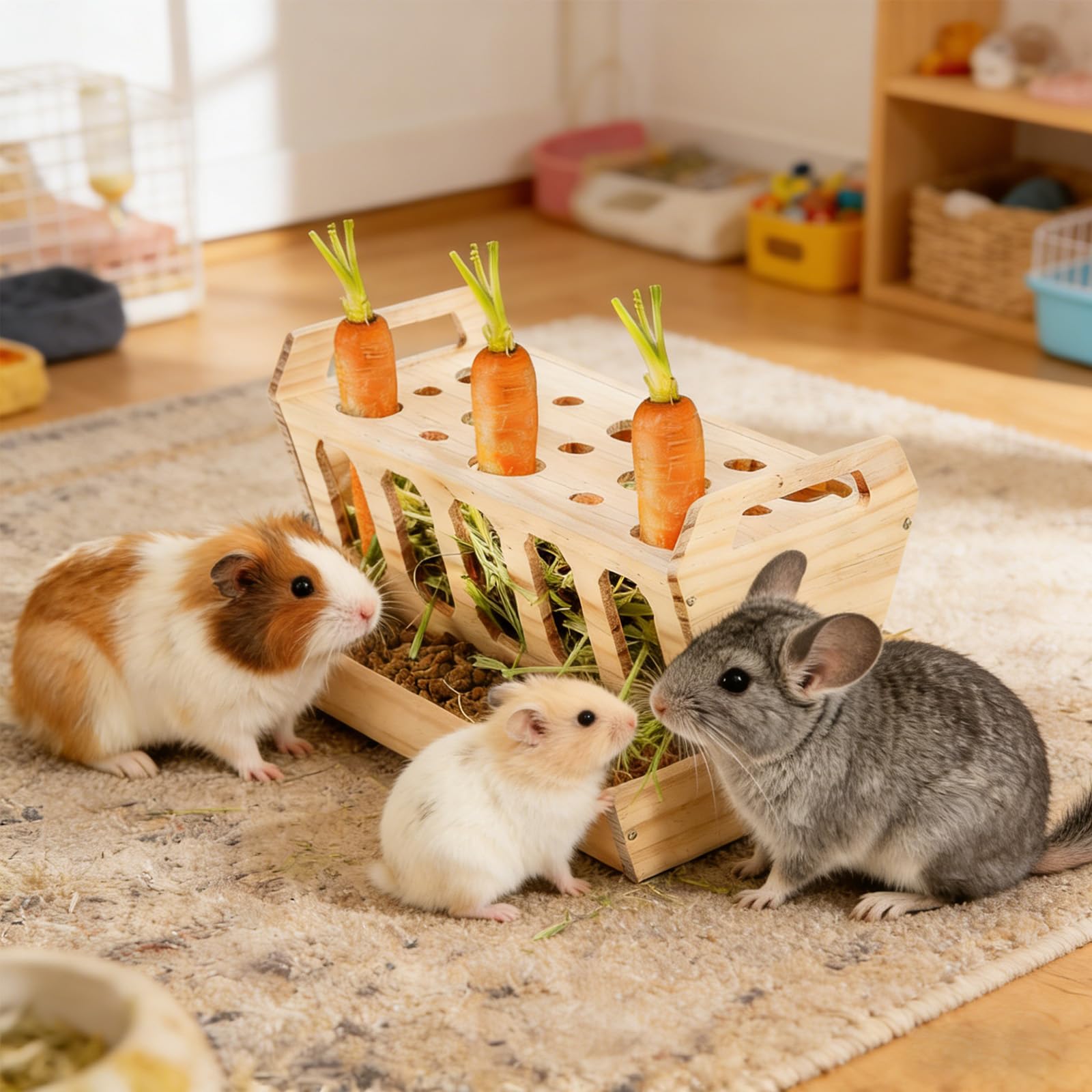 Hölzern Heuraufe für Kaninchen 30x20,5x18cm Futterraufe mit Karottenhalter, Heu-Futterstation für Kaninchen, Futterständer Mit Großem Fassungsvermögen, für Meerschweinchen, Hasen, Hamster