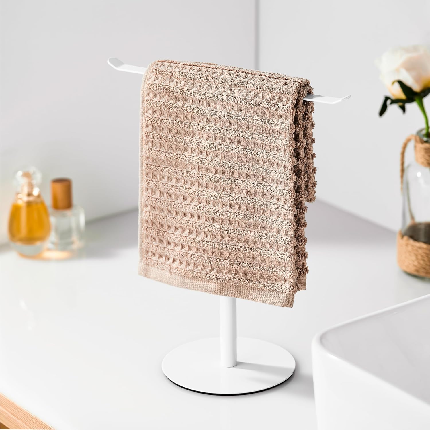 Hand Towel Holder Stand – Countertop T-Shaped Stainless Steel Towel Rack with Non-Slip Base for Vanity and Kitchen (White)