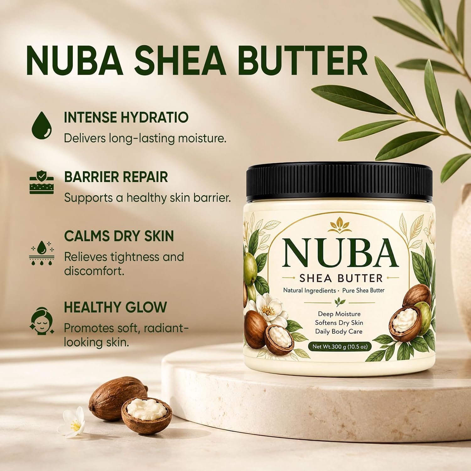 NUBA Shea Butter, Natural Shea Butter for Dry Skin, Face & Hair Care, Soothes Dry Skin, Deeply Moisturizes & Long-Lasting Hydration, 10.5 Oz / 300 G