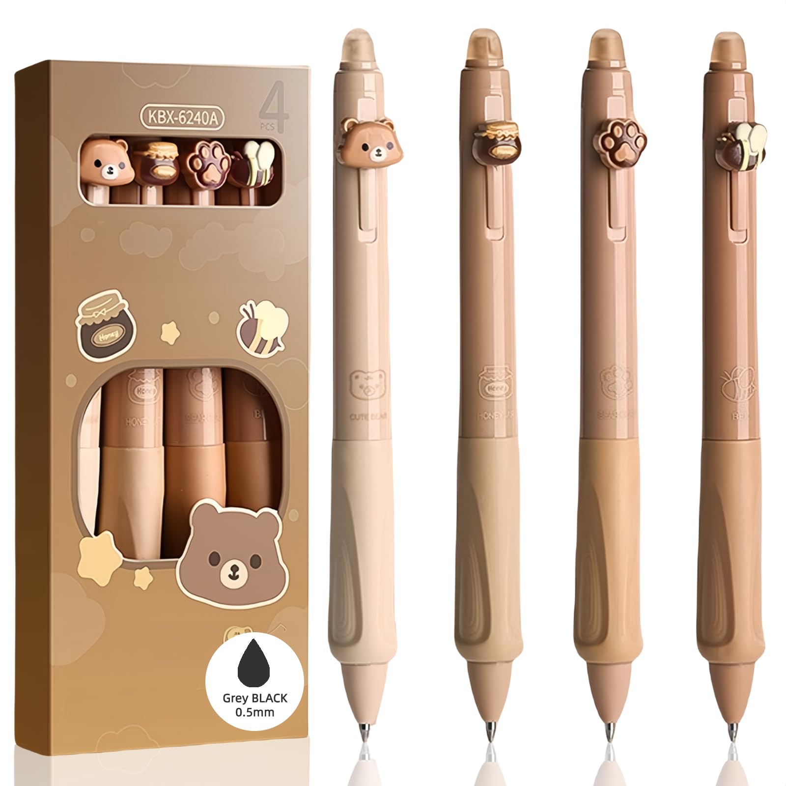 Erasable Ballpoint Pen 4 Pack Bear Bee Paw Honey Jar Grey Black Ink 0.5mm Tip Ink Removal Ball Pen