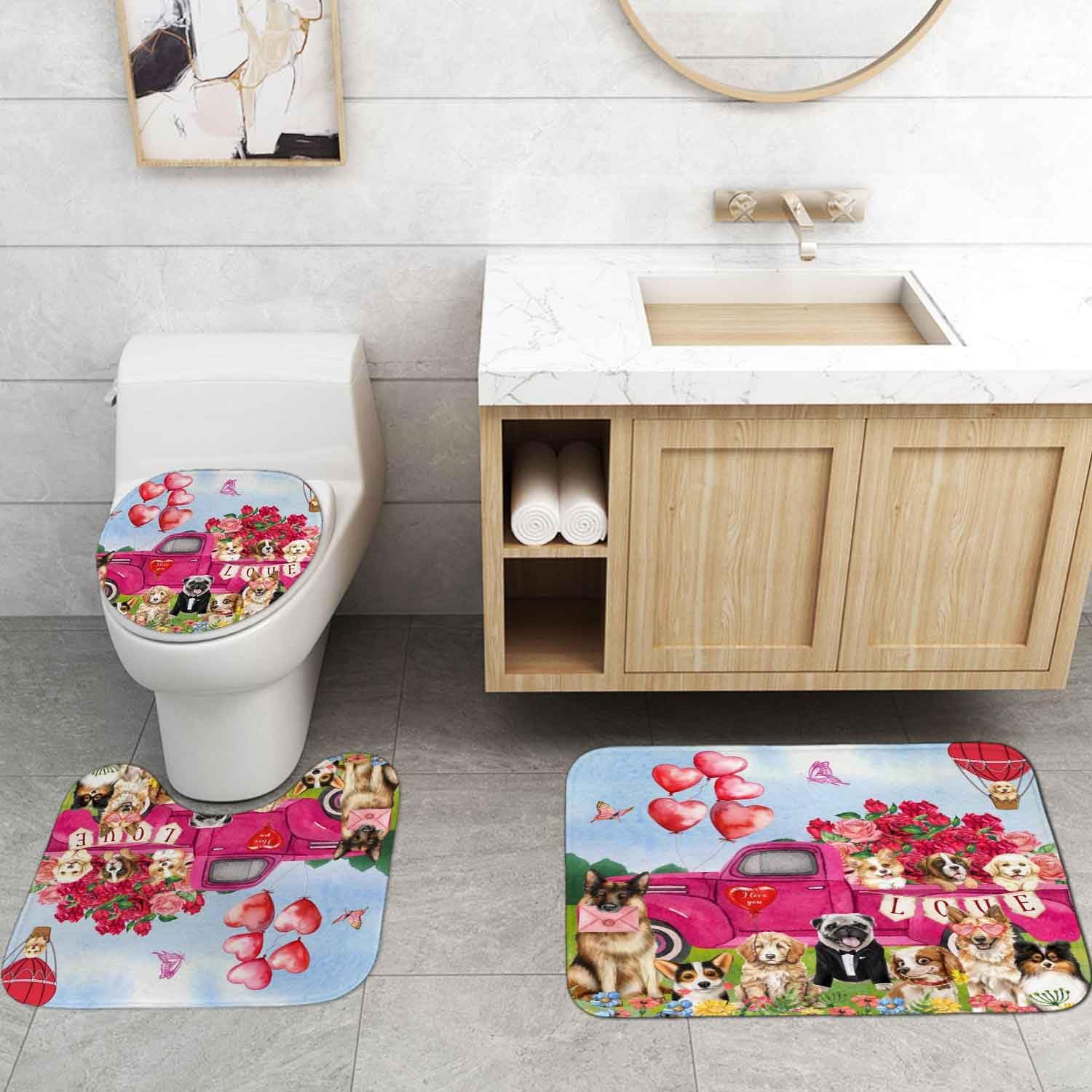 4PCS Funny Dog Valentine's Day Shower Curtain Sets with Rugs, Waterproof Fabric Shower Curtain Cute Puppy Hot Pink Truck Red Rose Floral Butterfly Love Heart Romantic Valentines Bathroom Decor