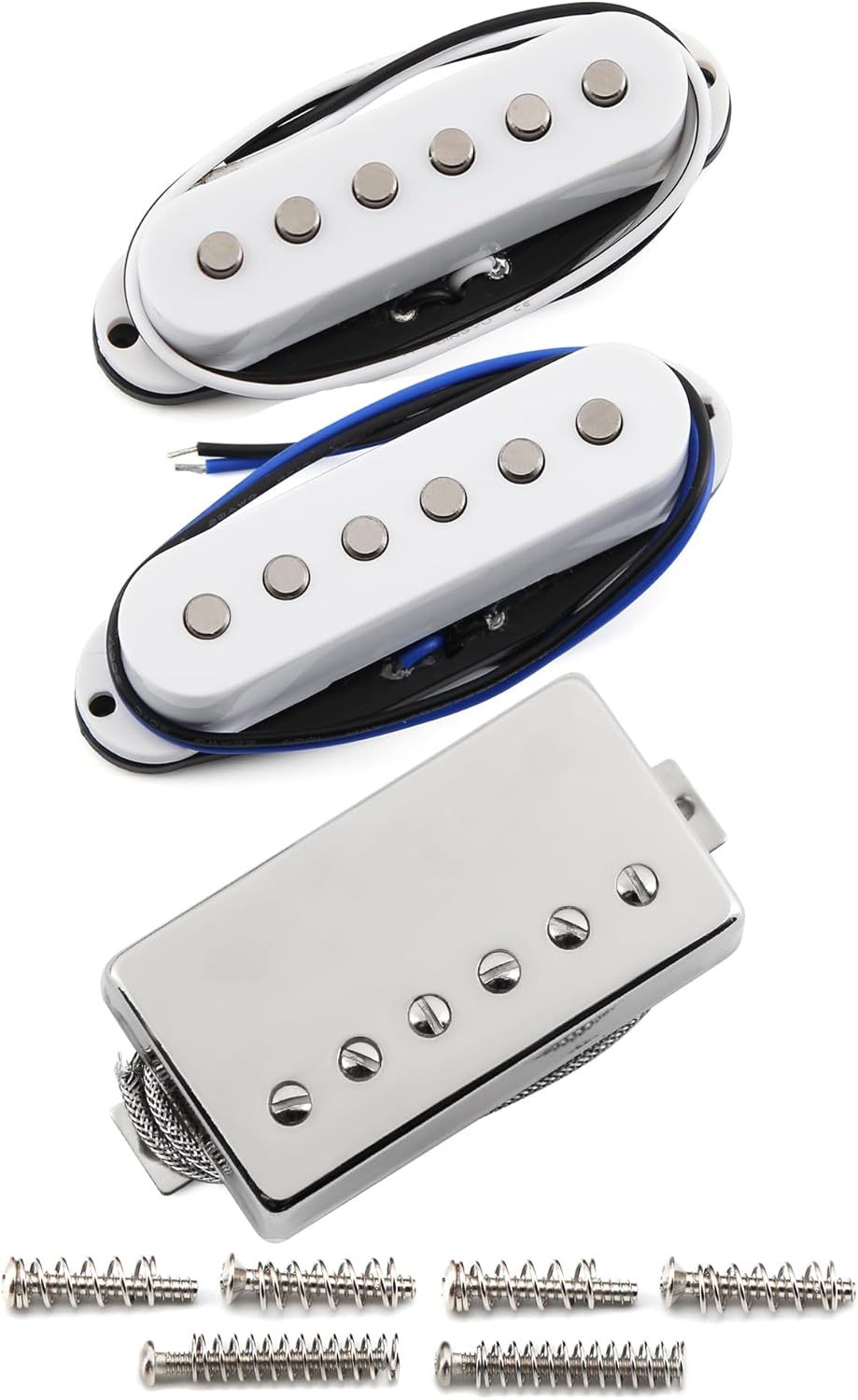 FLEOR Alnico 5 Flat Pole Single Coil Pickup and Covered Humbucker Set White HSS N+M+B Pickups for Strat Style Guitar