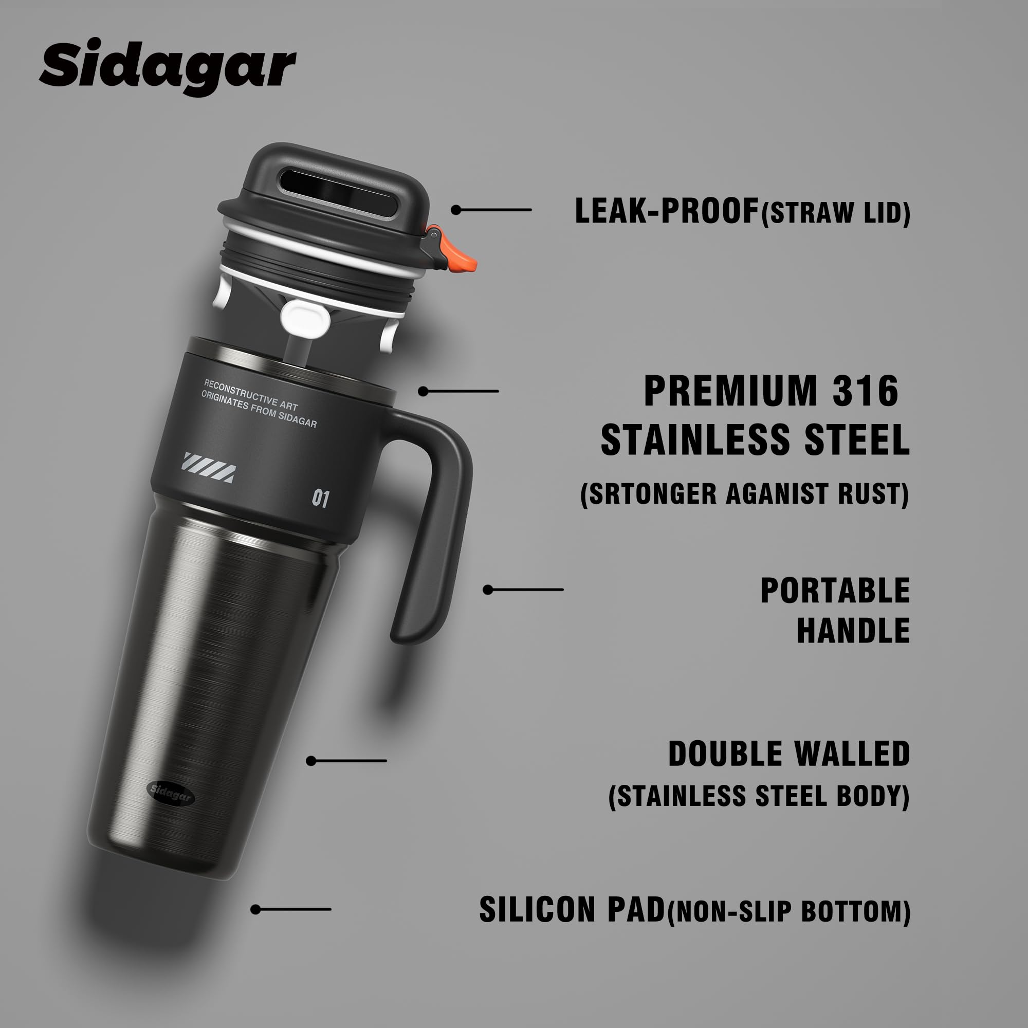 Gourde Isotherme 1L avec Poignée, Mug de Voyage Inox, Bouteille d’Eau avec Ouverture à Bouton, Anti Fuite, Thermos Compatible Porte-Gobelet, Noir
