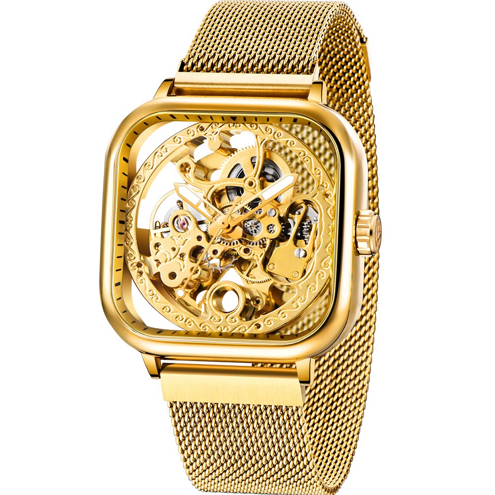 TiongFashion Mens Wacthes Transparent Automatic Mechanical Watch Stainless Steel 30M Waterproof Skeleton Movement Wristwatch