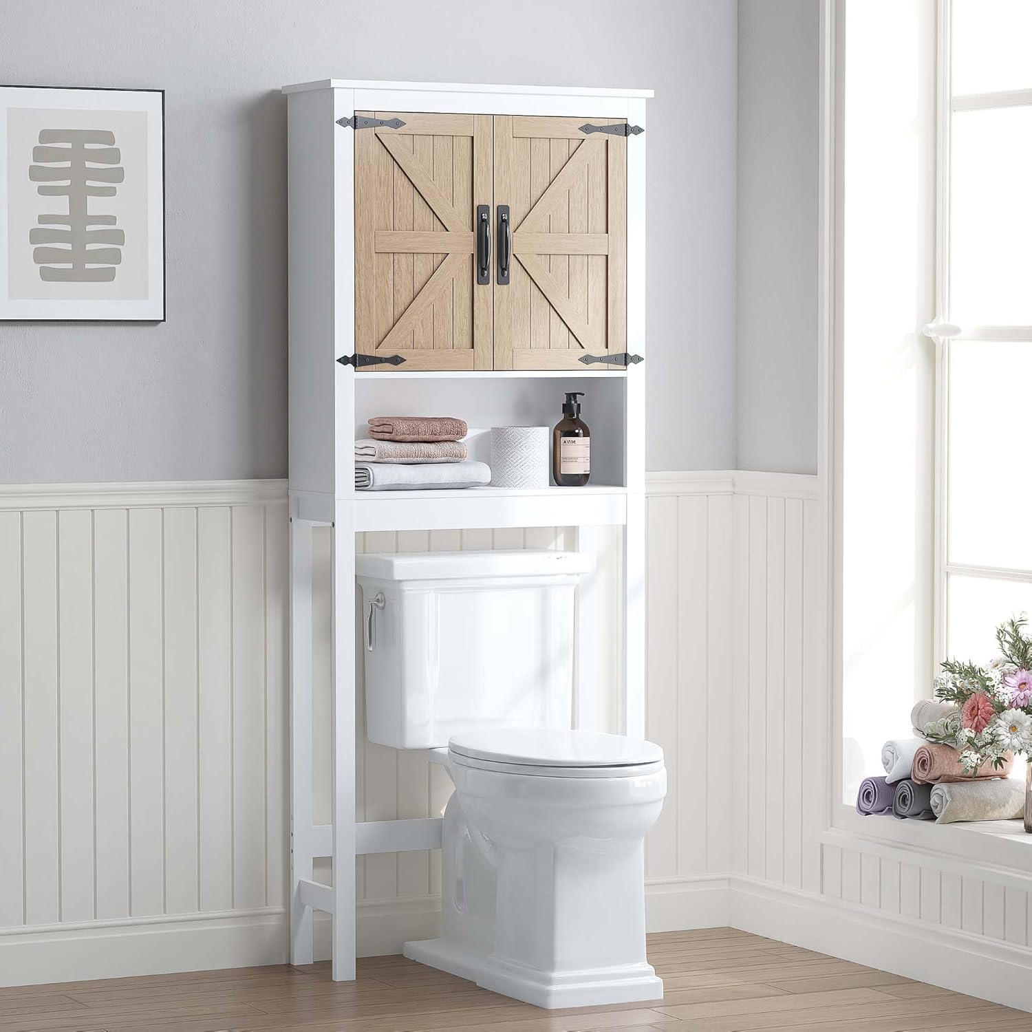 Spirich Over The Toilet Storage Cabinet, Farmhouse Over Toilet Bathroom Organizer with Wood Grain Barn Doors and Adjustable Shelves