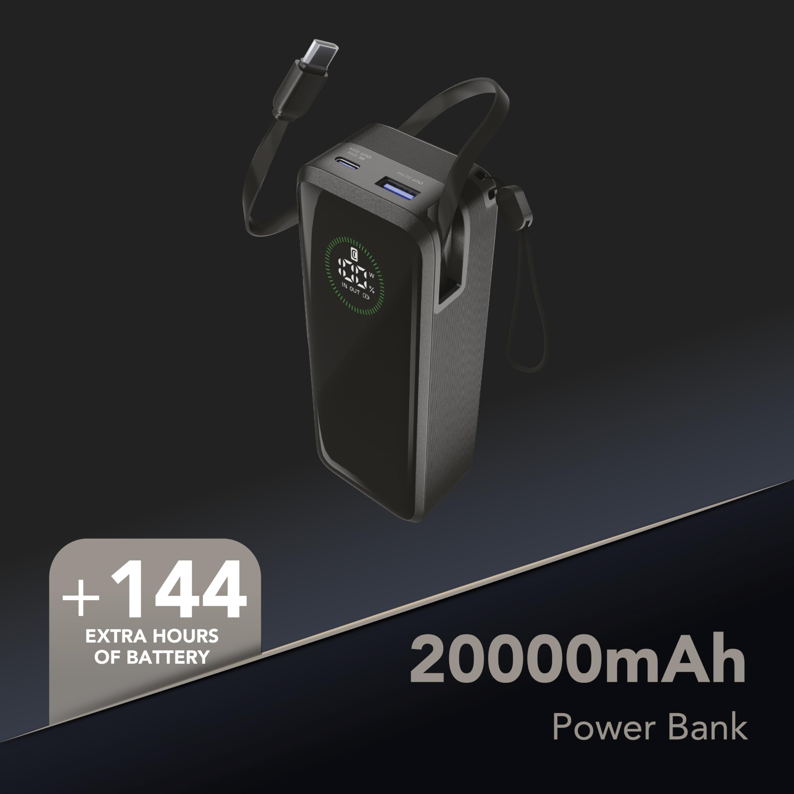 Cellularline power bank Roller 20.000 mAh con output fino a 65 W, cavo USB-C retrattile integrato da 70 cm, porte USB-C e USB-A, display LCD, ricarica 3 dispositivi, nero