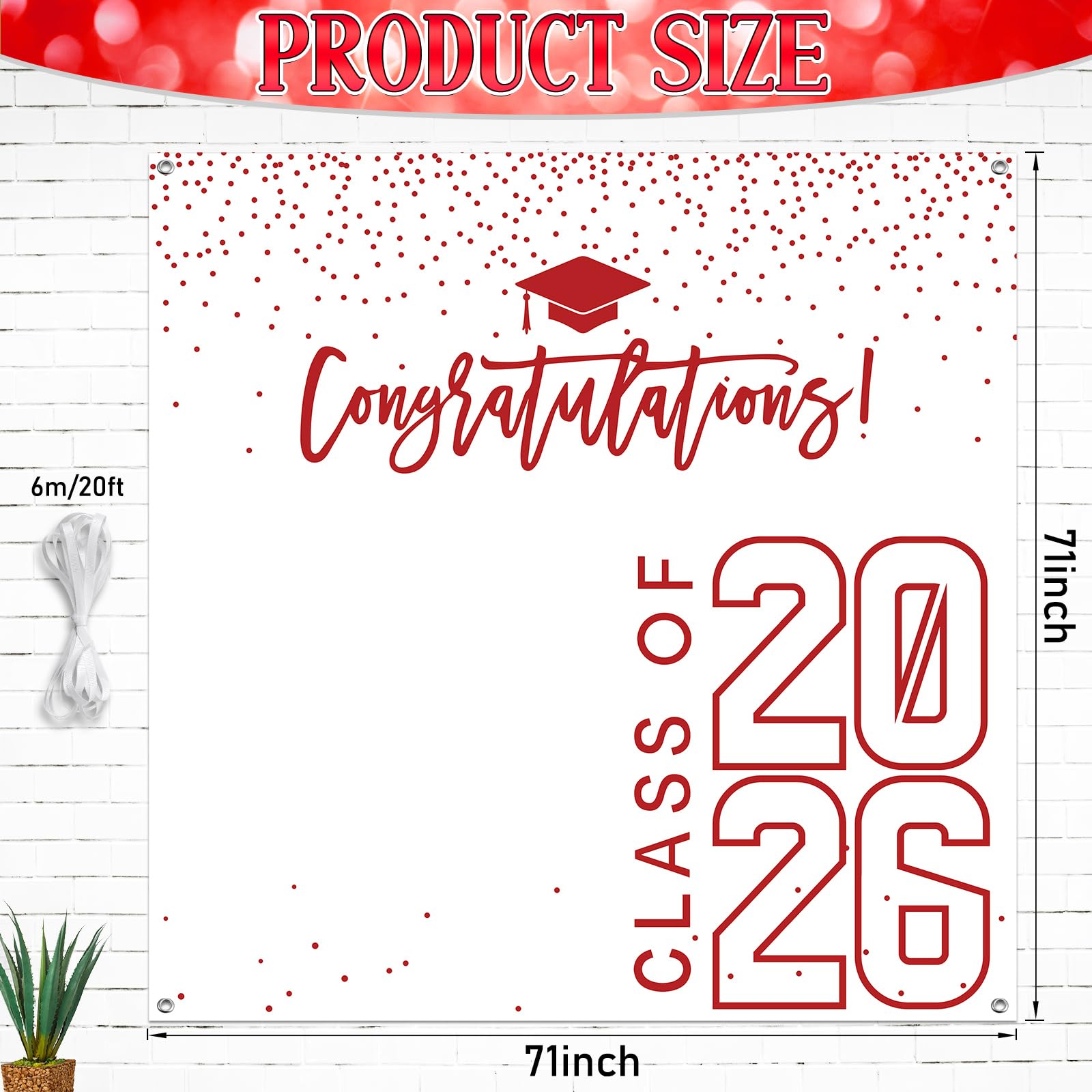 Condition photo showing New/Like New for class of 2026 graduations backdrop congrats grad party photo background, 6 * 6ft large booth props congratulations banner for 2026 graduation party decorations supplies (white red)