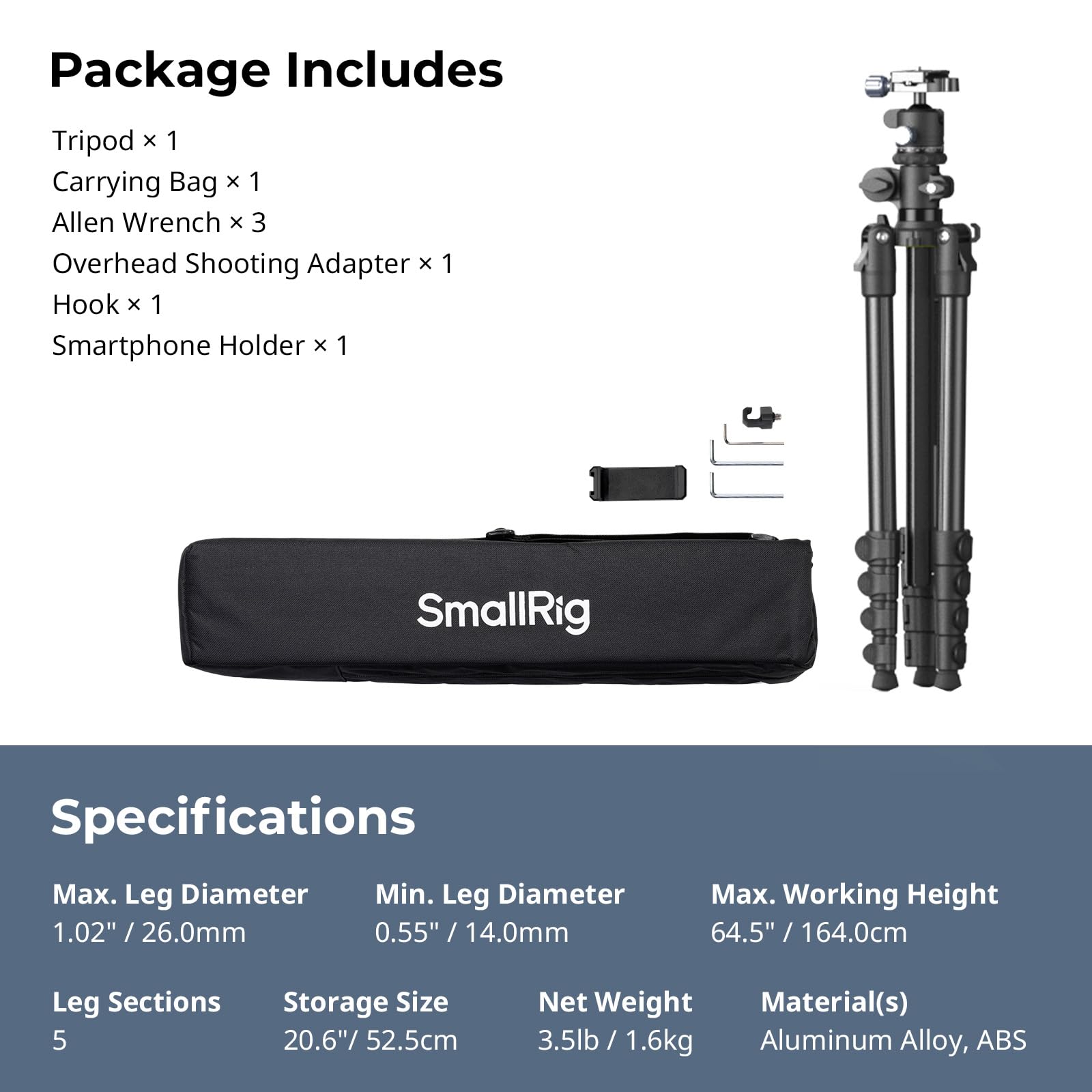 SMALLRIG CT25 5290 - Trípode horizontal para cámara (164 cm, con soporte para smartphone y funda de transporte, 22 lb de capacidad de carga máxima de 22 lbs, de aluminio, para fotografía superior)