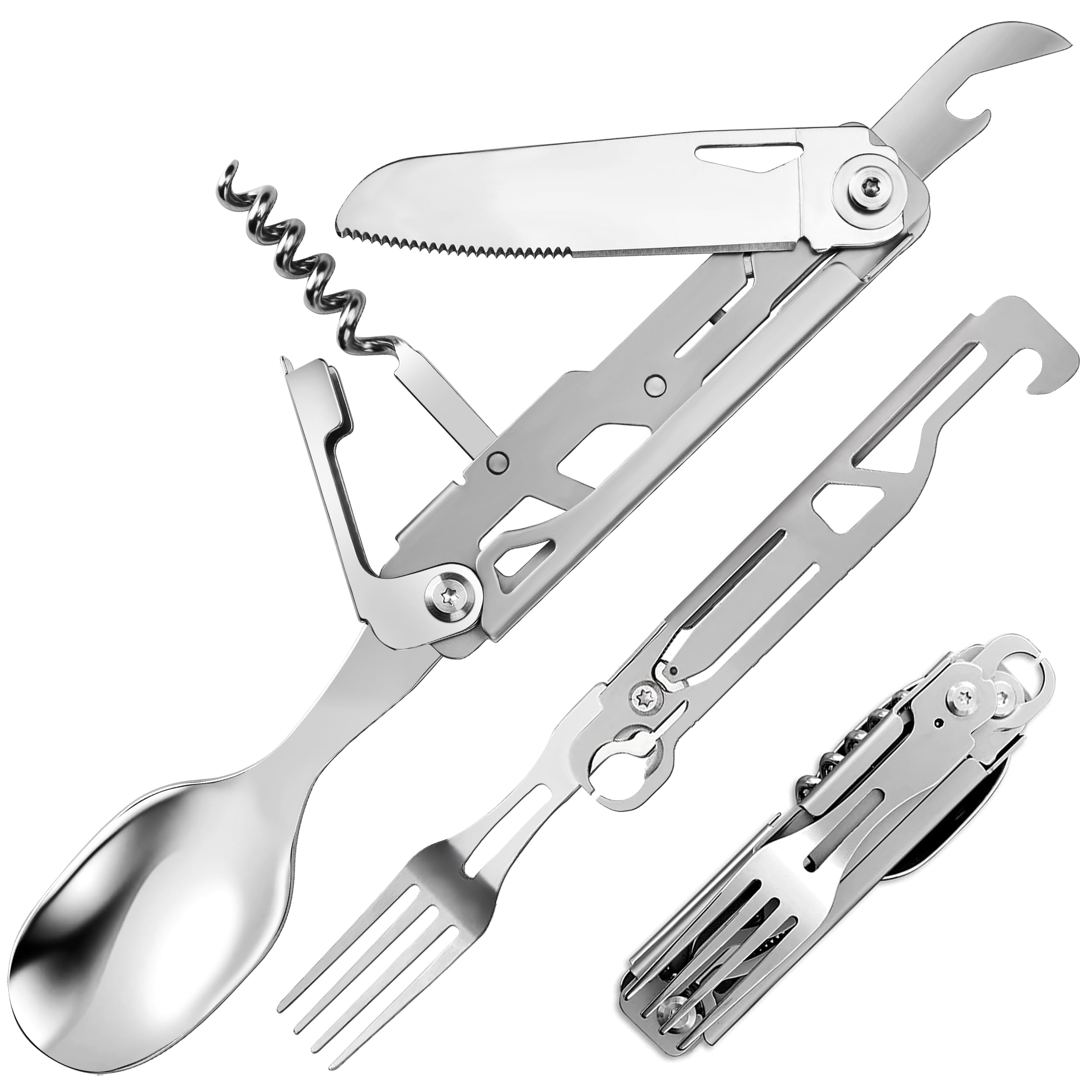 Detachable Camping Utensils Flatware Set with Safety Locking Portable Pocket Cutlery with Knife, Fork, Spoon, Bottle Opener Perfect for Work Picnic Backpacking