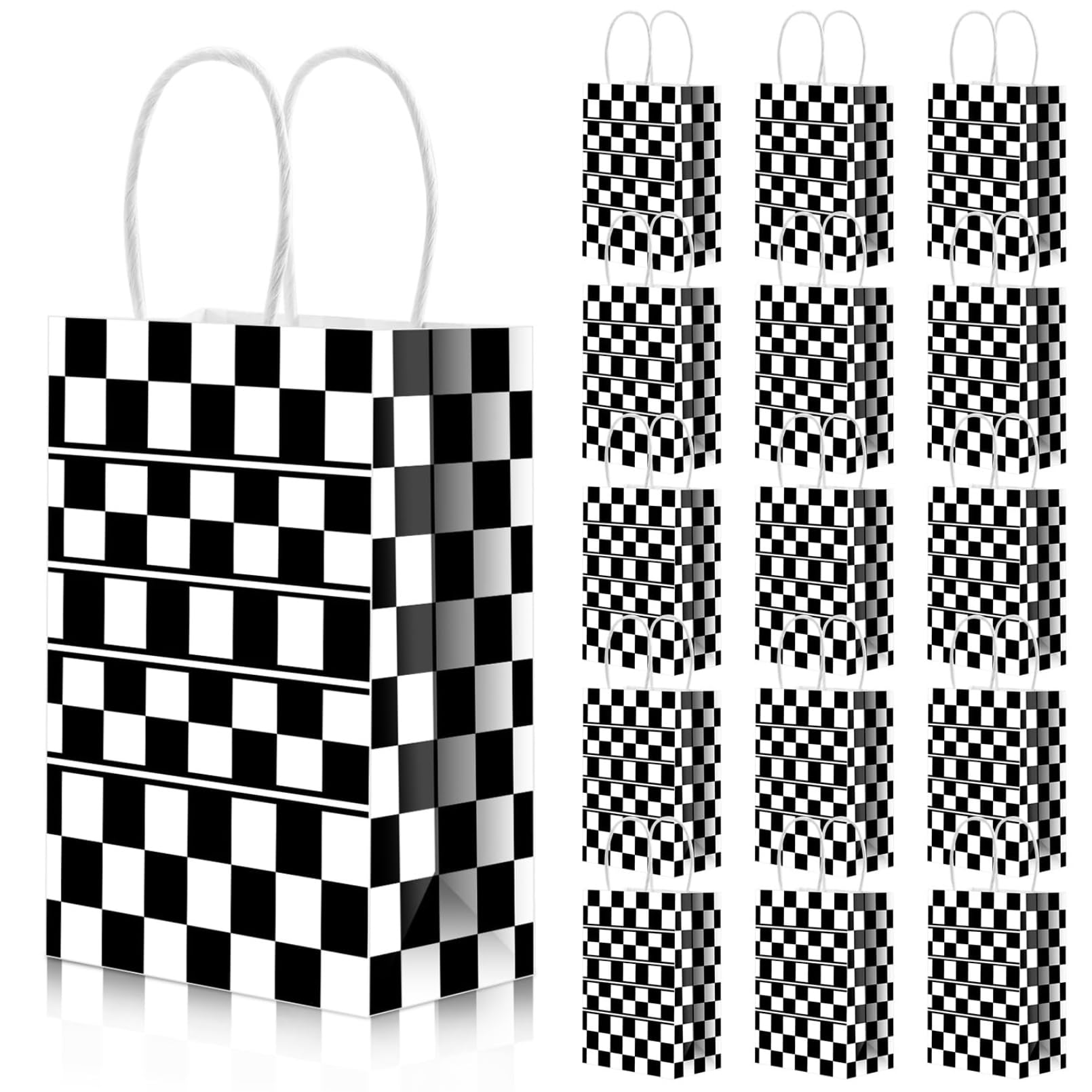 16 PCS Checkered Racing Treat Bags,Black and White Goodie Bag Gift Bags with Handles,Race Car Favor Bags Checkered Candy Bag for Birthday Race Car Party Themed Supplies