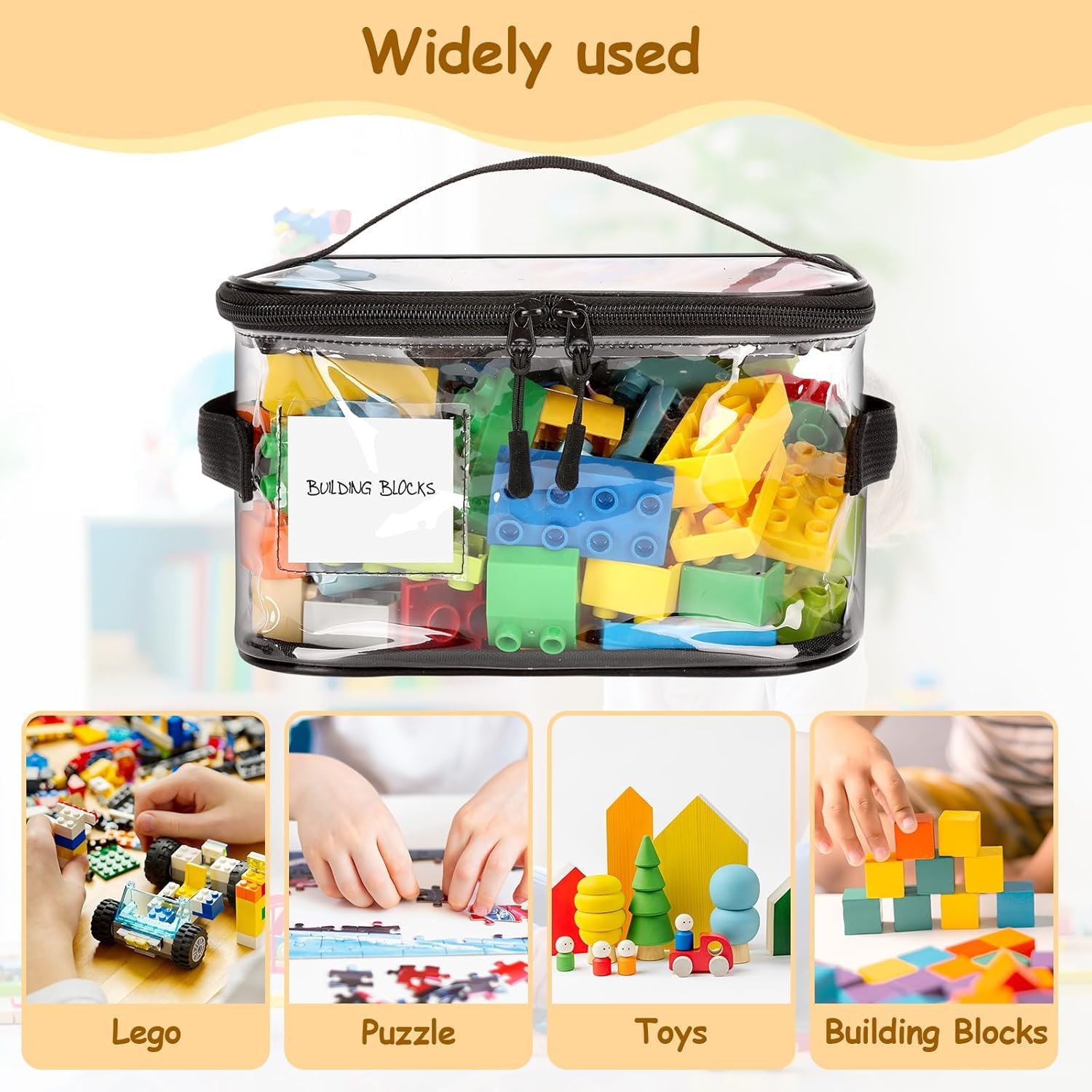 3-pak czarnych przezroczystych wodoodpornych toreb do przechowywania zabawek z PCW z przegródkami na etykiety i uchwytami, zapinany na zamek organizer na cegły, gry planszowe, klocki Lego, puzzle (24