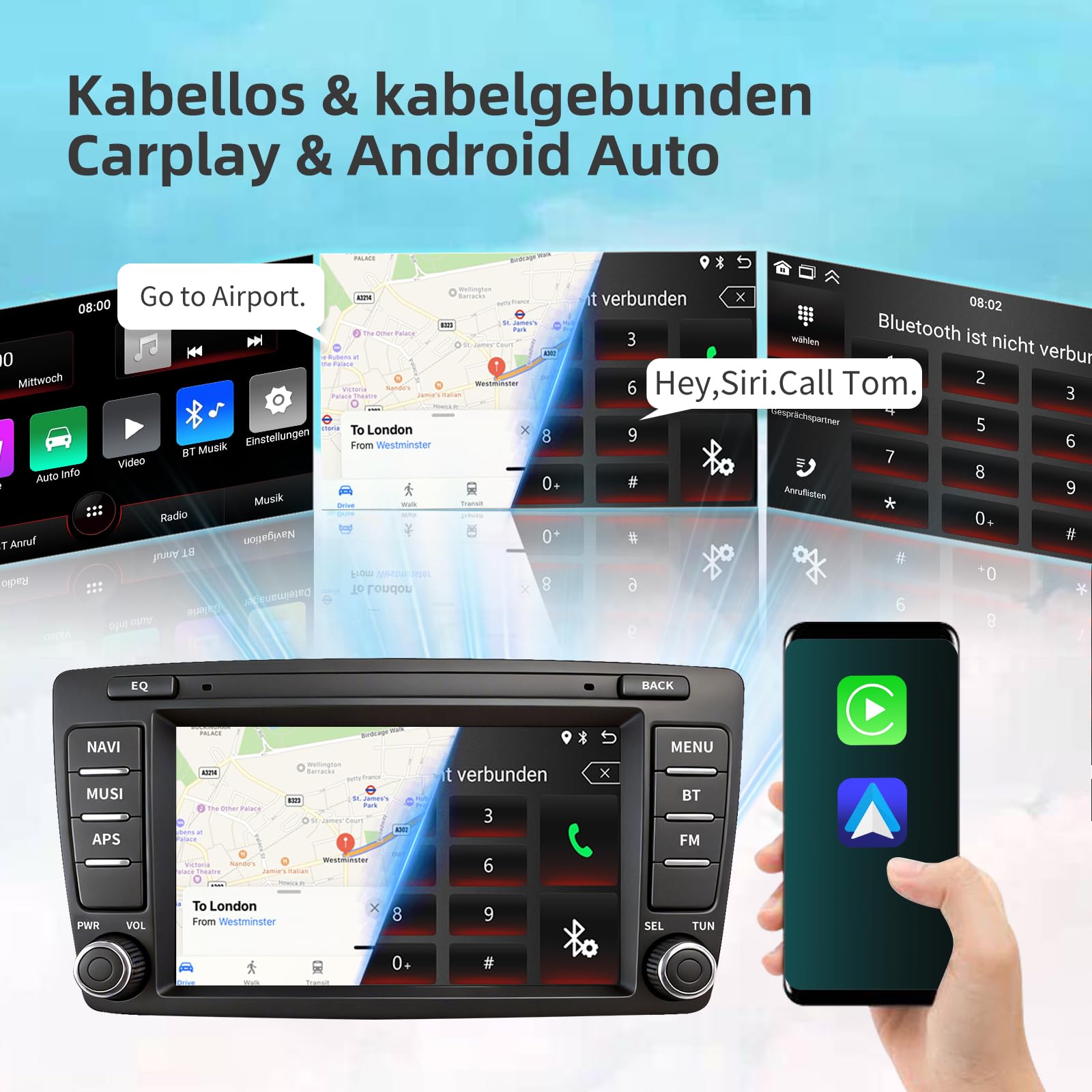Autoradio für Skoda Octavia Mk2 Yeti Rapid 2004-2013 8 Zoll Touchscreen Radio mit Wireless Carplay Android Auto Wireless EQ BT GPS FM Rückfahrkamera 2+64G