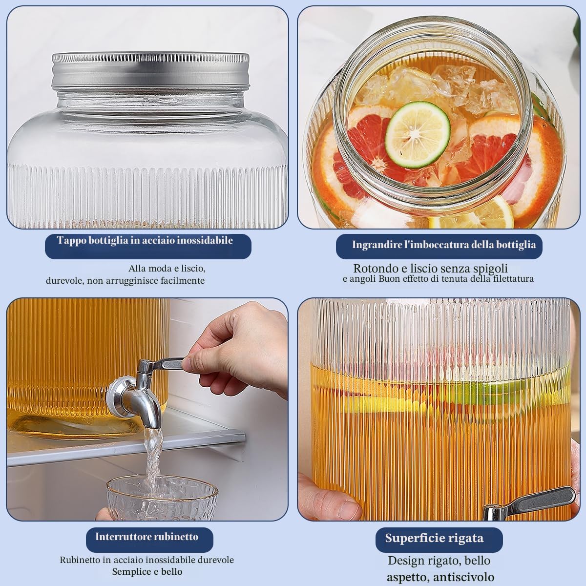 Evanda Dispenser bevande in vetro con rubinetto in acciaio inox a prova di perdite, distributore di bevande ghiacciate da 4 l, per la preparazione di tè freddo, limonata e succhi di frutta