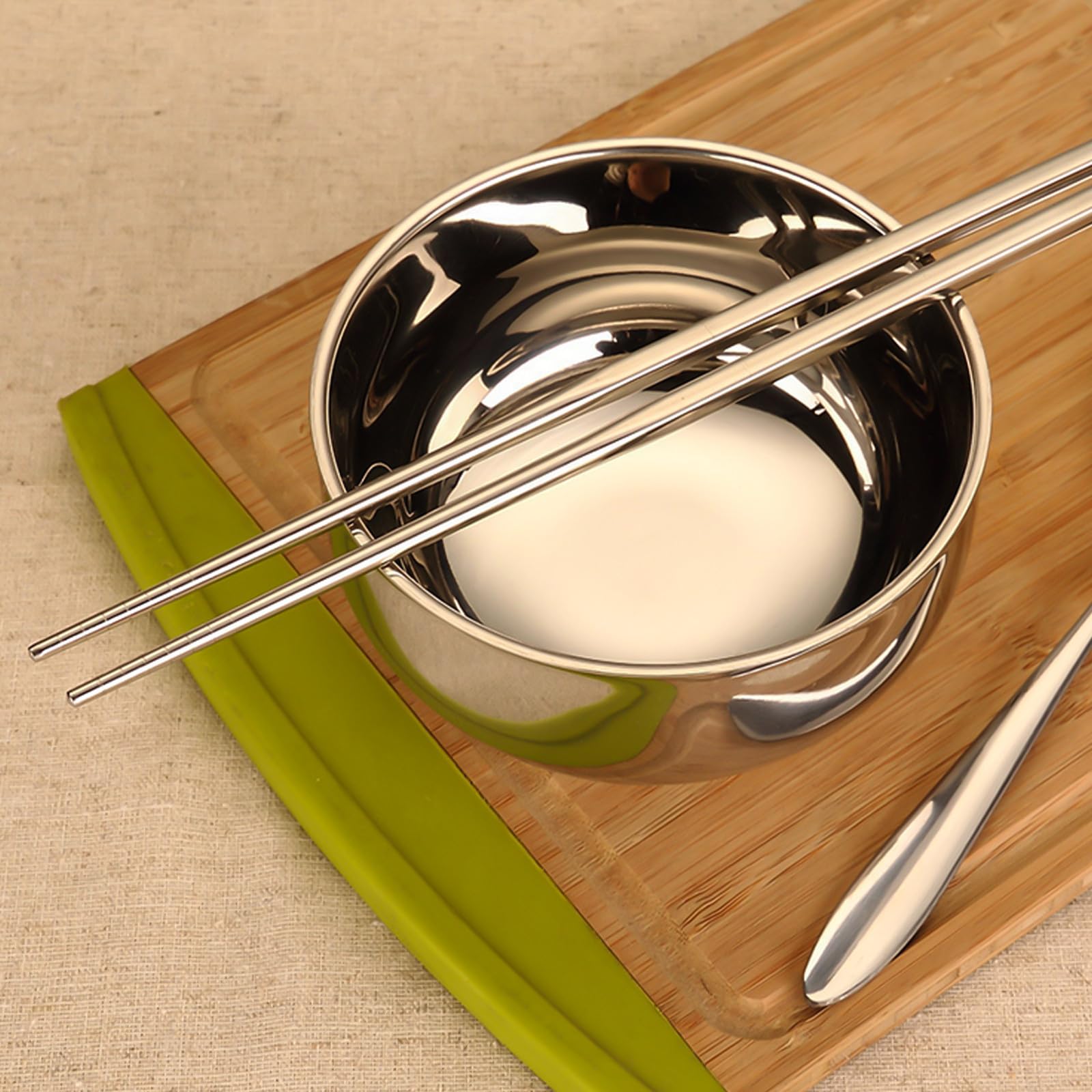 Edelstahl Schüssel mit Deckel Set Küchenutensilien Edelstahl Set Tragbares Besteck für Picknick und Reisen Essstäbchen und Löffelset Küchengeschirr mit Aufbewahrungstasche