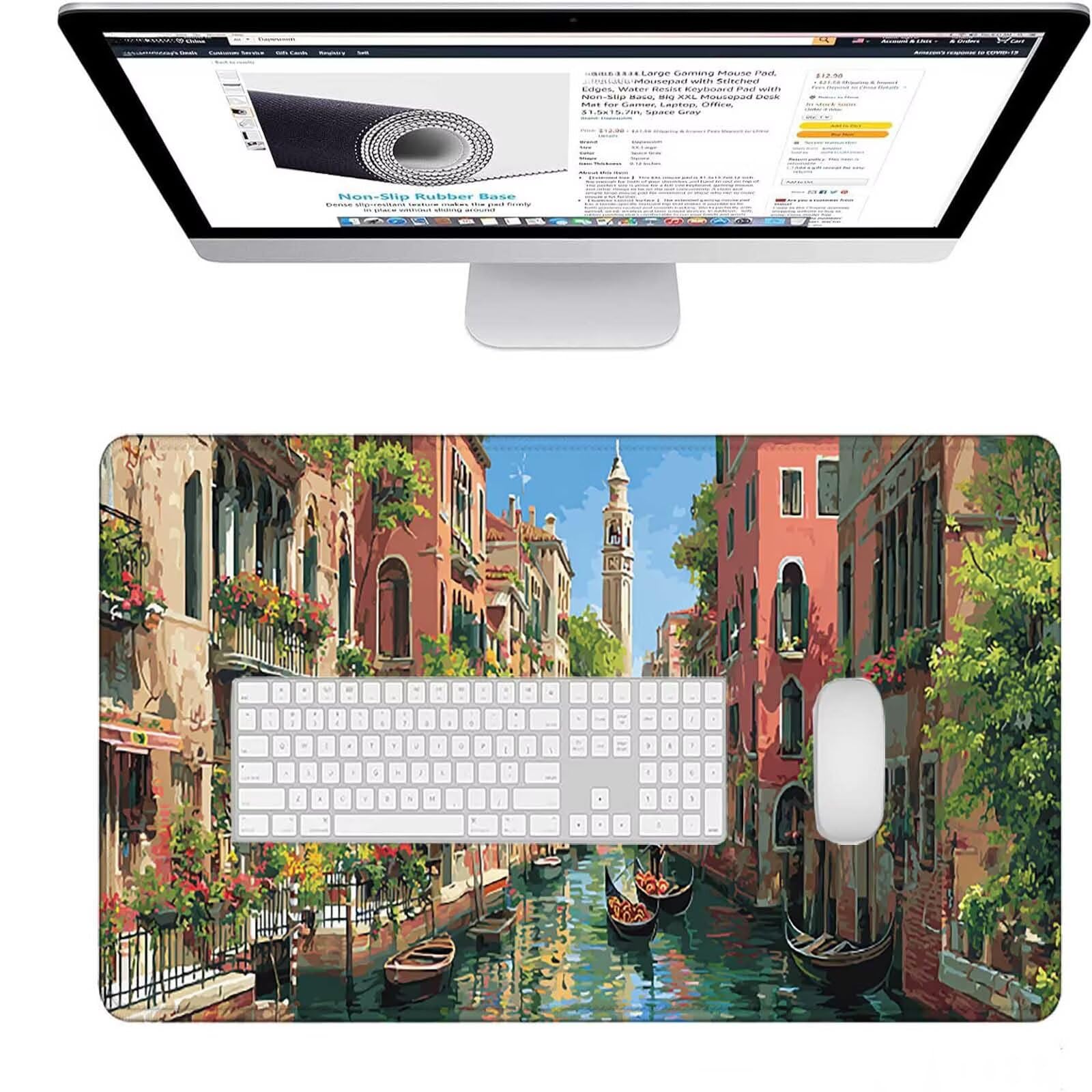 Różowa podkładka pod mysz 1600 x 800 x 3 mm duża podkładka pod mysz XXL miasto pod ręką biurko dla graczy, szyte krawędzie, antypoślizgowa gumowa podkładka pod mysz do komputera, komputera, dekoracji
