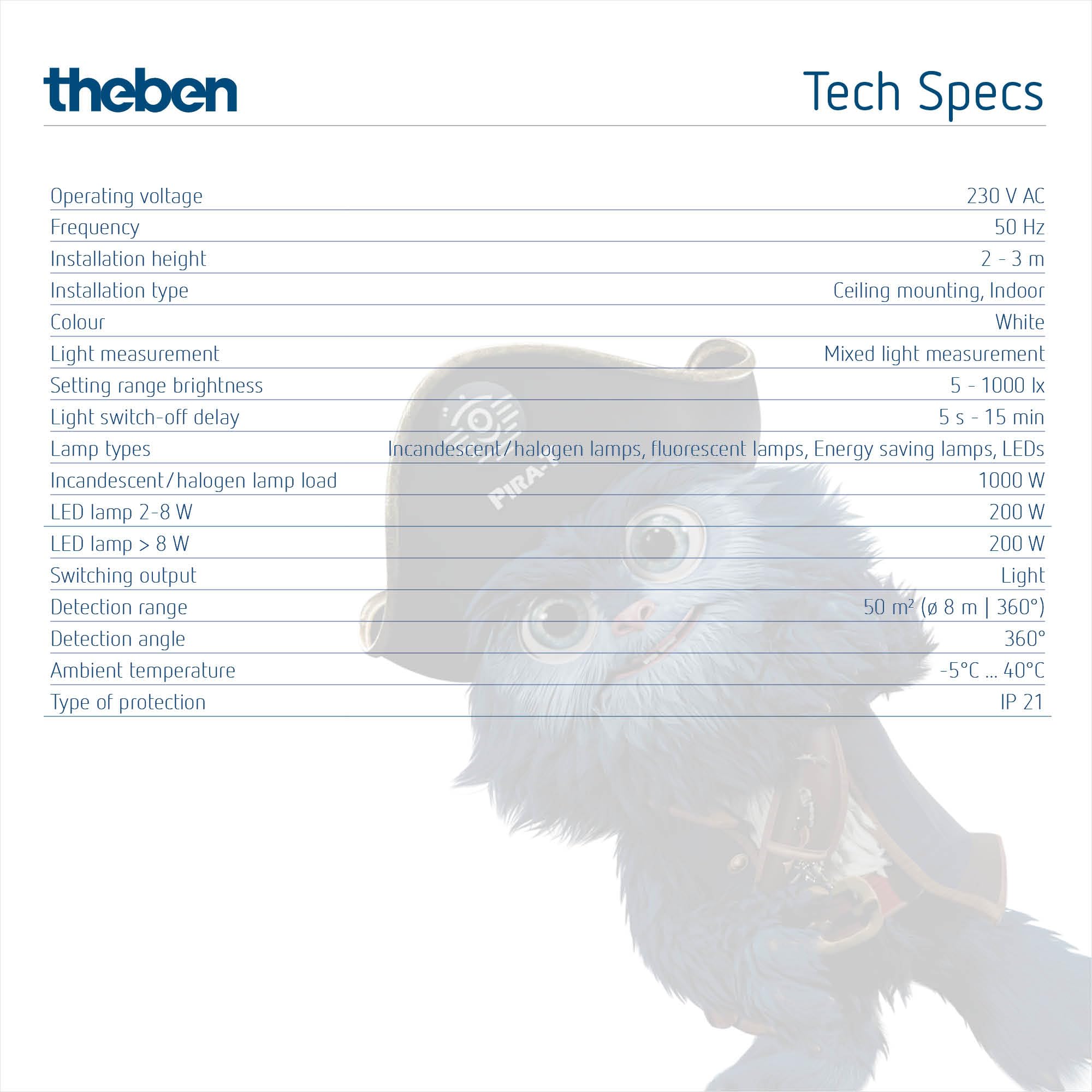 Theben 1030200 PIRA T8 DE détecteur de présence PIR 360° 8 m Plafond