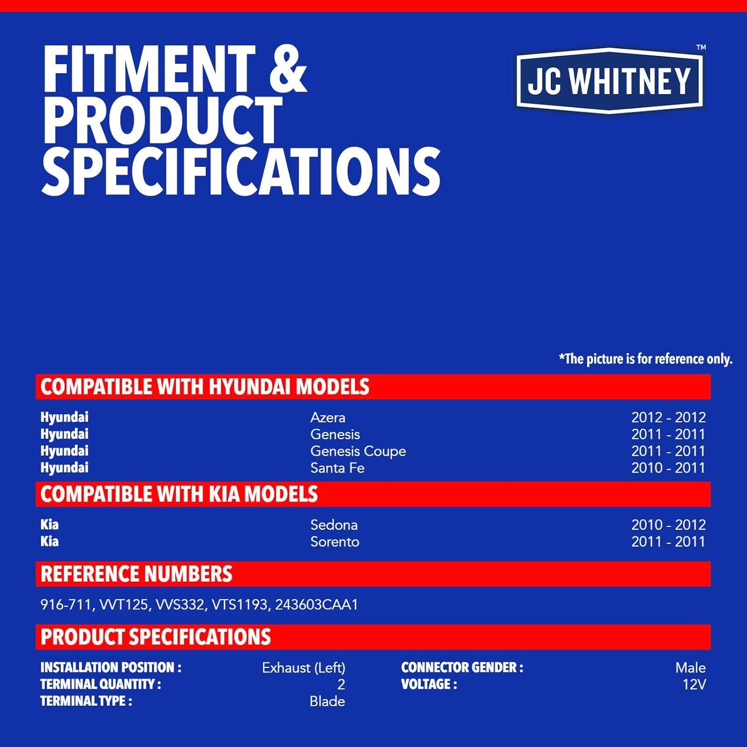 JC Whitney JFBAJCWTCV00207 Exhaust Left Engine Variable Valve Timing Solenoid (VVT) - Compatible with Hyundai Santa Fe 10-11, Genesis 2011, Kia Sorento 2011, Sedona 10-12 - 3.3L 3.5L 3.8L