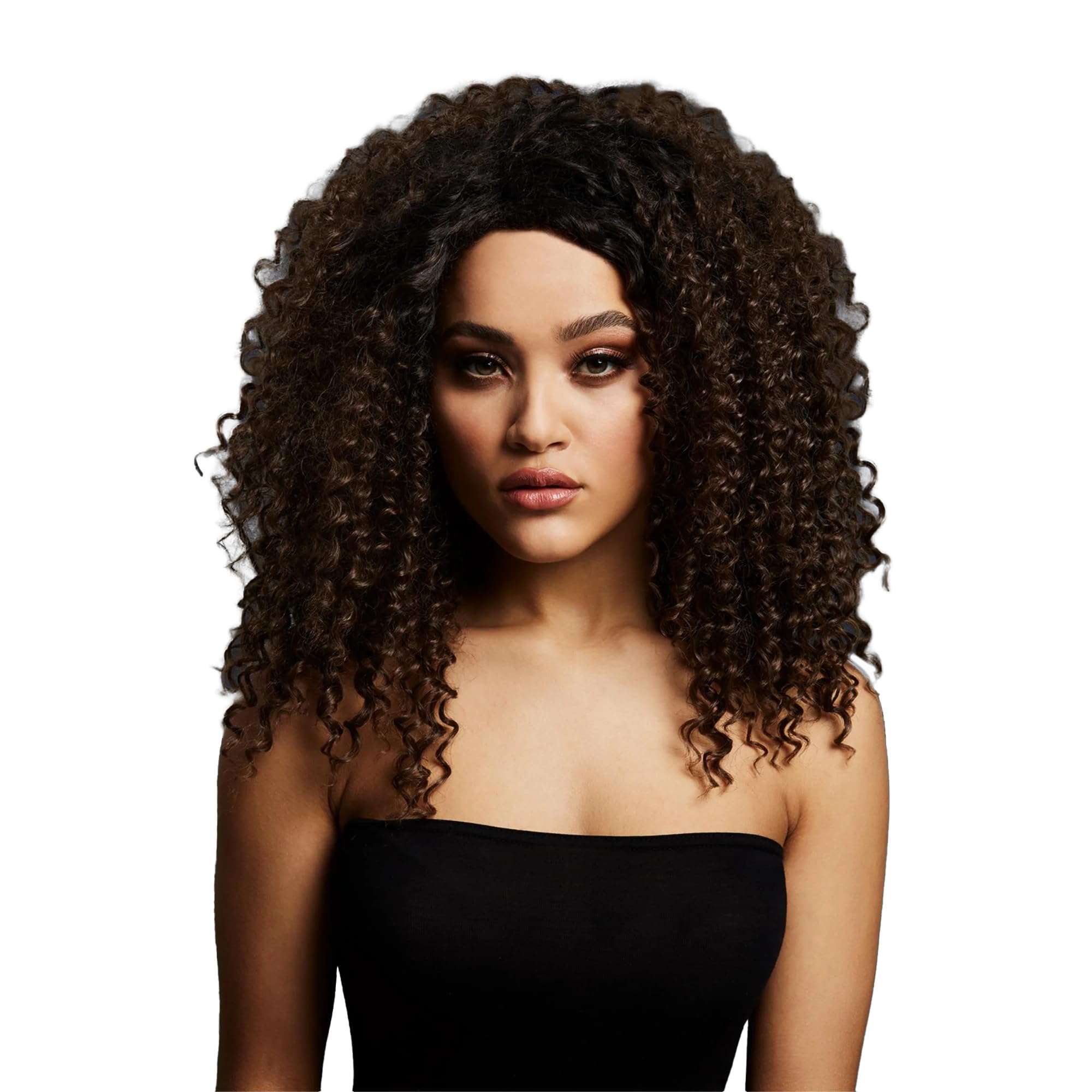 Smiffys Fever Lizzo Wig, Dark Brown Big Curls Short, Centre Parting, 40cm/ 16in, Fever Wigs Fancy Dress, Fever Dress Up Wigs