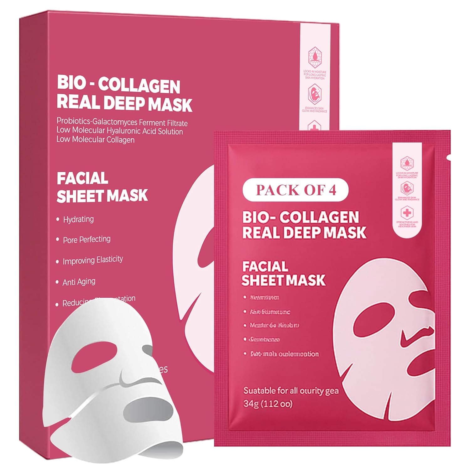 Bio Collagen Face Mask - Real Masks Deep Hydration, Reduce Wrinkles, Night Treatment Pore Minimizing Moisturizing Korean Skincare,34g x4ea